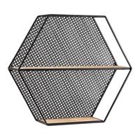 Nástenný regál LELIA - čierna/prírodná farba, Modern, kov/drevo (60/53/16cm) - Bessagi Home