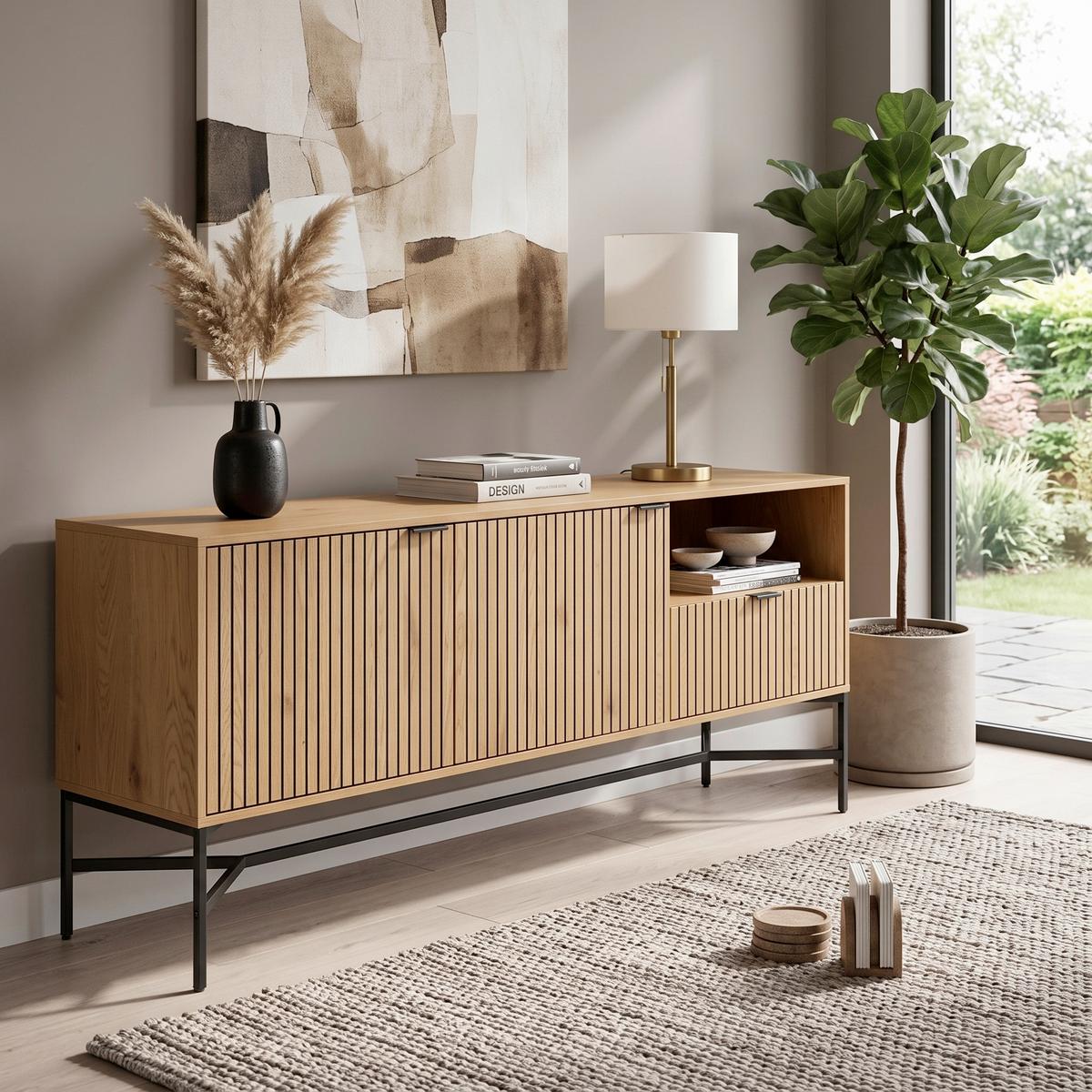 Široká komoda Jaipur š: 180 cm - čierna/farba duba, Design, kov/kompozitné drevo (180/70/40cm)