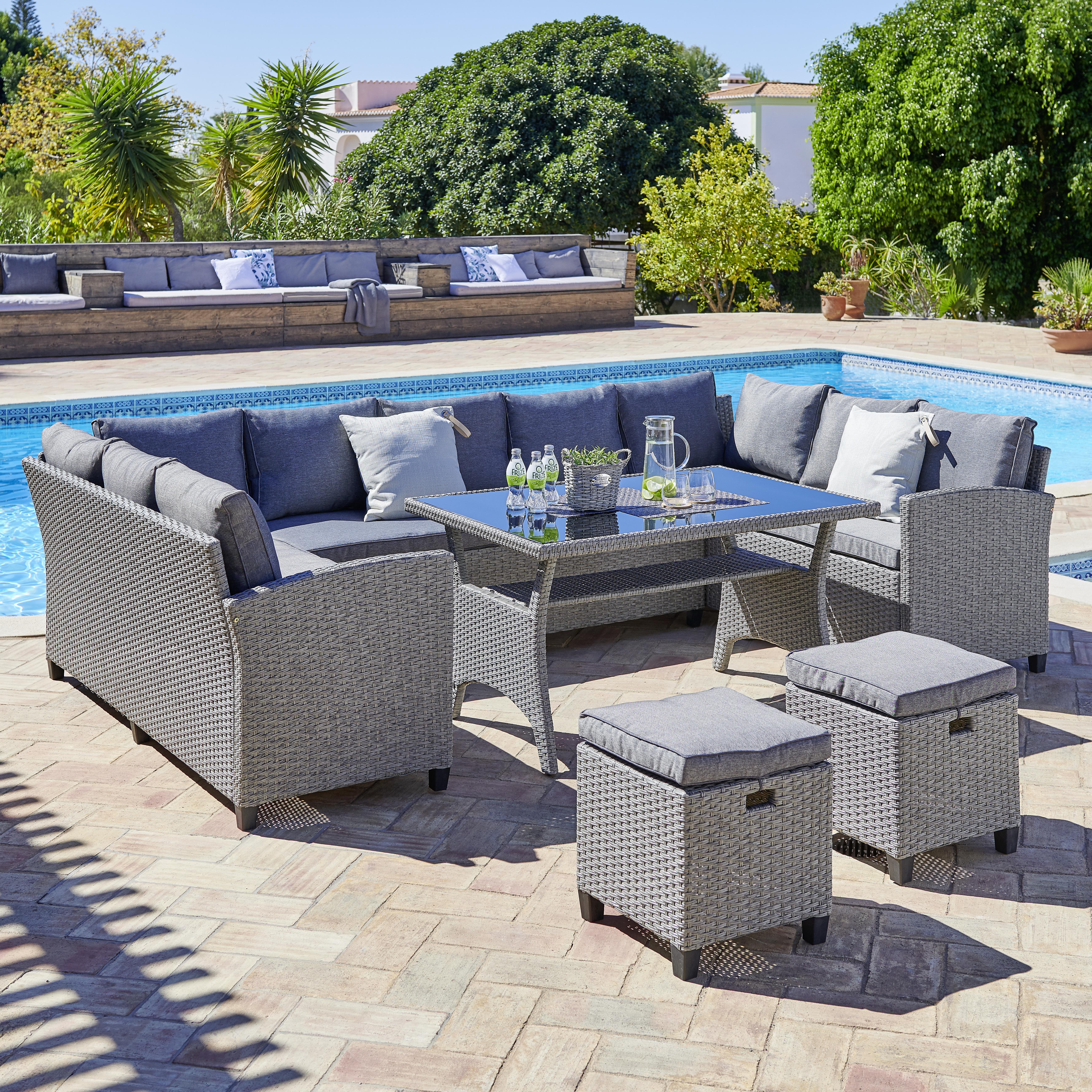 Loungegarnitur 6-tlg Athena In Rattan-Optik Mit Kissen - Schwarz/Grau, MODERN, Glas/Kunststoff - Beldano