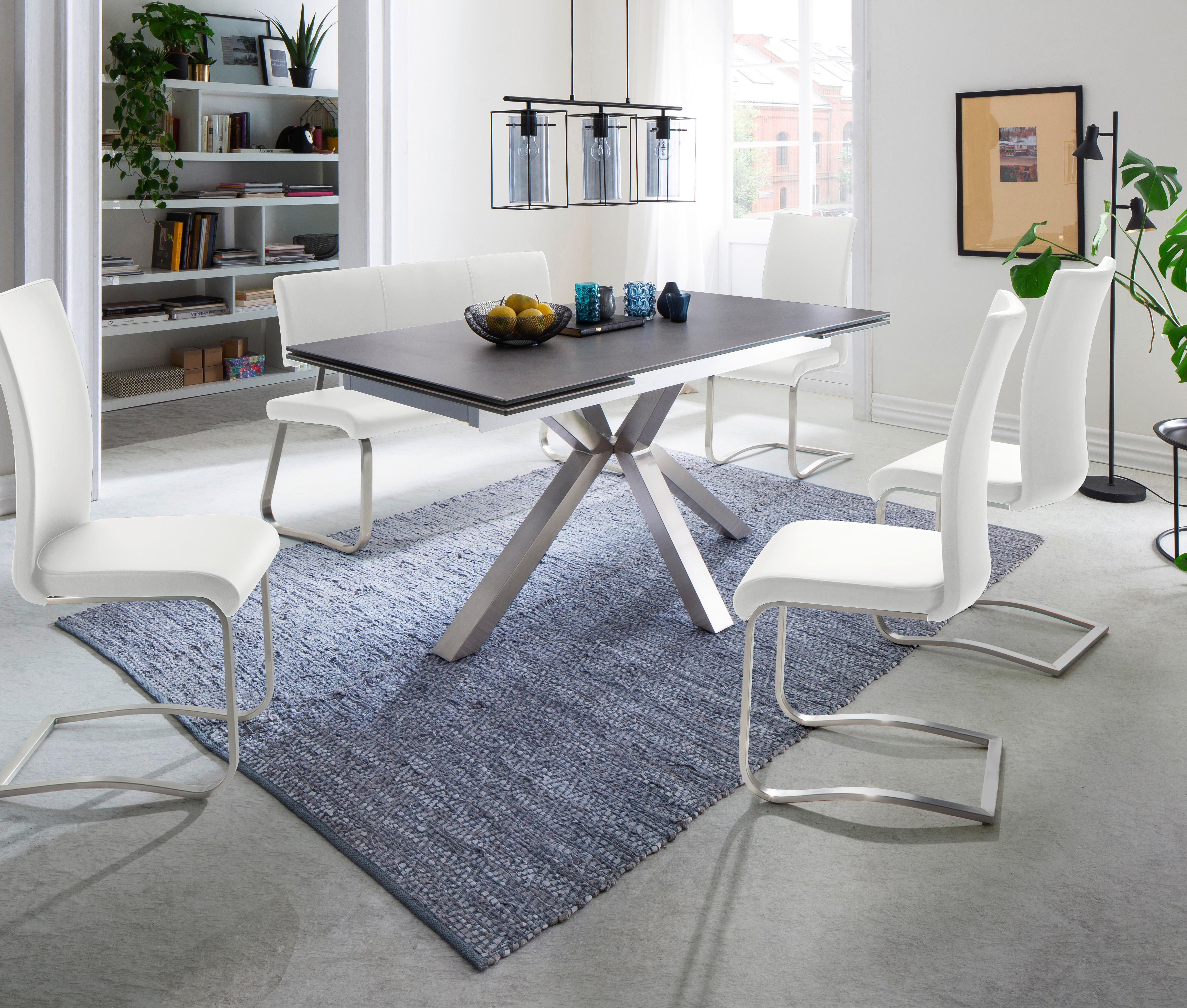 Sitzbank mit Lehne Weiß Lederlook Arco B: 155 cm - Edelstahlfarben/Weiß, Design, Kunststoff/Metall (155/86/59cm) - Livetastic