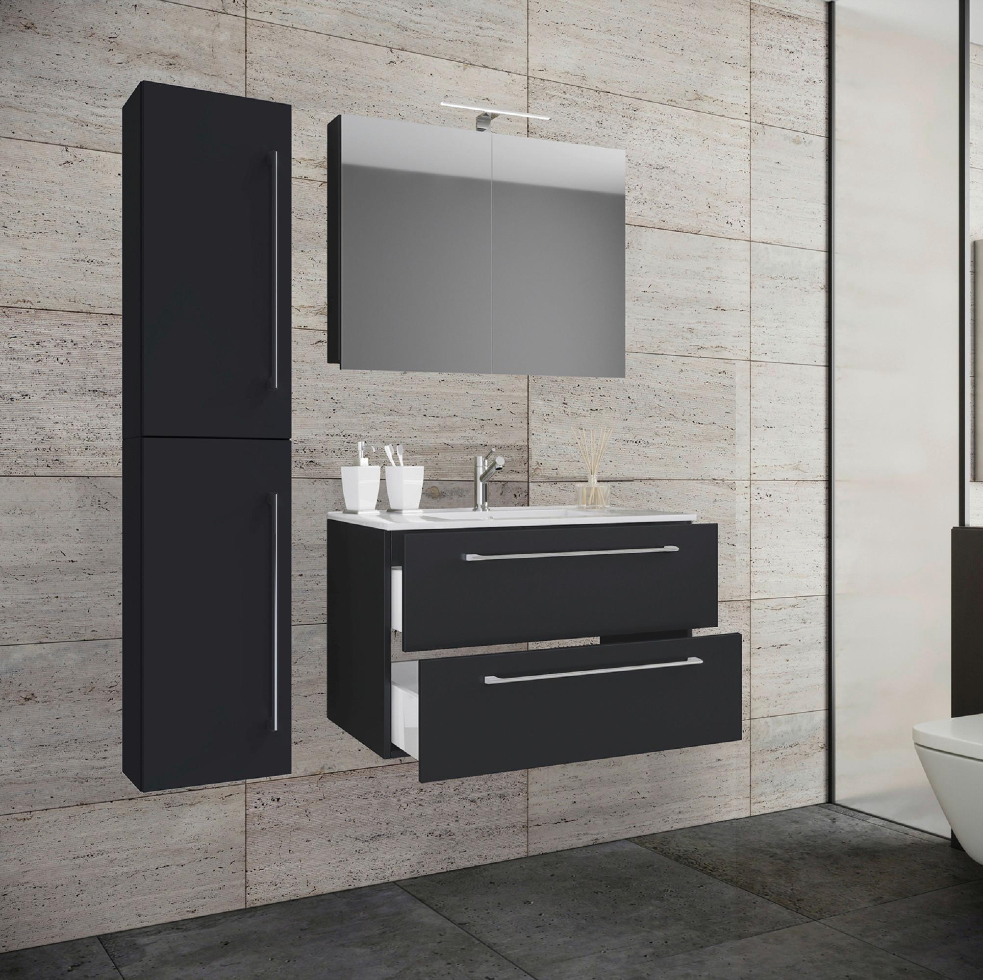 Badezimmer Badinos 4-Teilig Schwarz B: 81 cm - Schwarz/Weiß, MODERN, Keramik/Holzwerkstoff (113cm) - MID.YOU