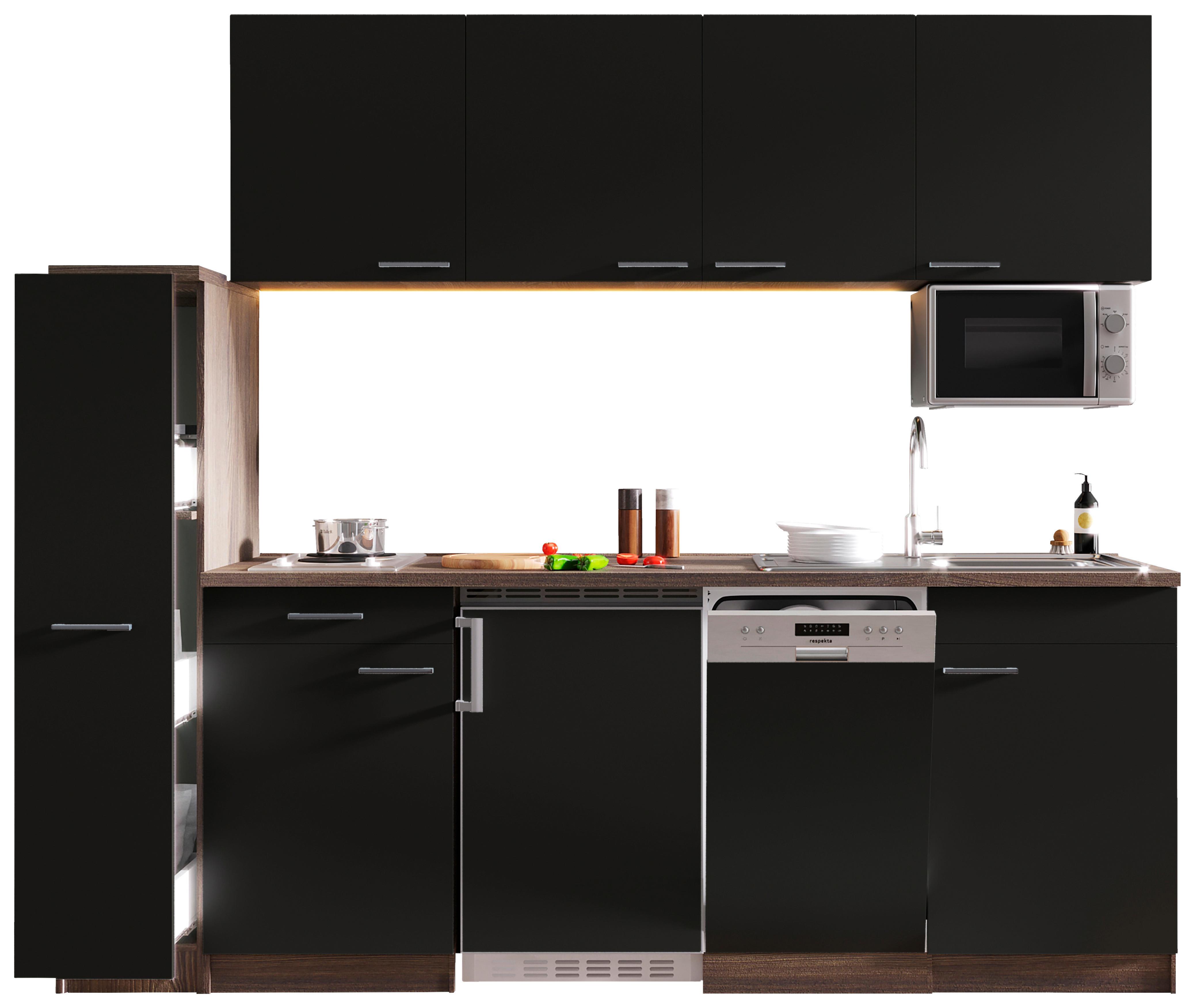 Küchenblock Oliver Singleküche 225 cm - Eichefarben/Schwarz, Basics, Holzwerkstoff (225cm) - Respekta
