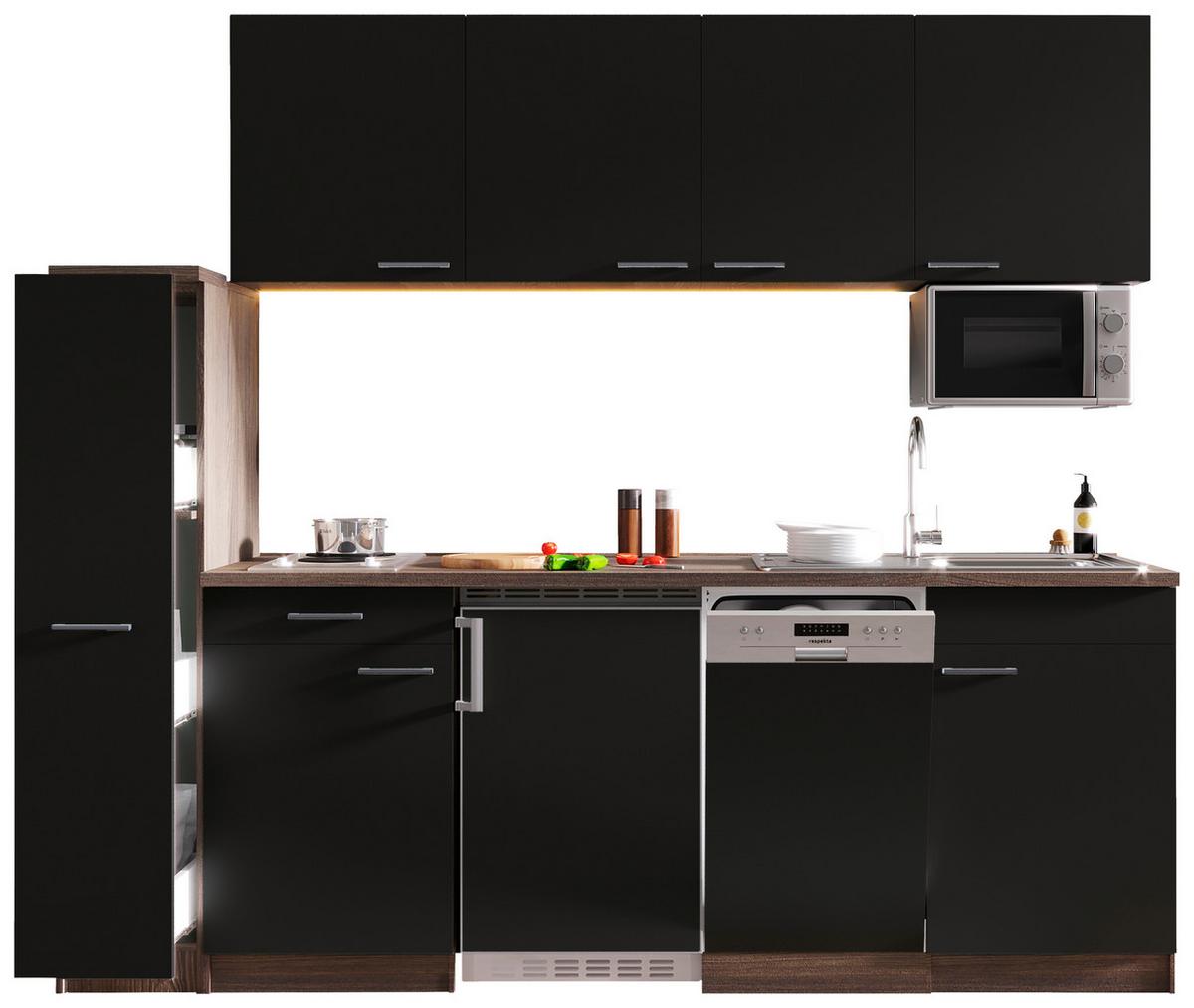 Küchenblock Oliver Singleküche 225 cm - Eichefarben/Schwarz, Basics, Holzwerkstoff (225cm) - Respekta