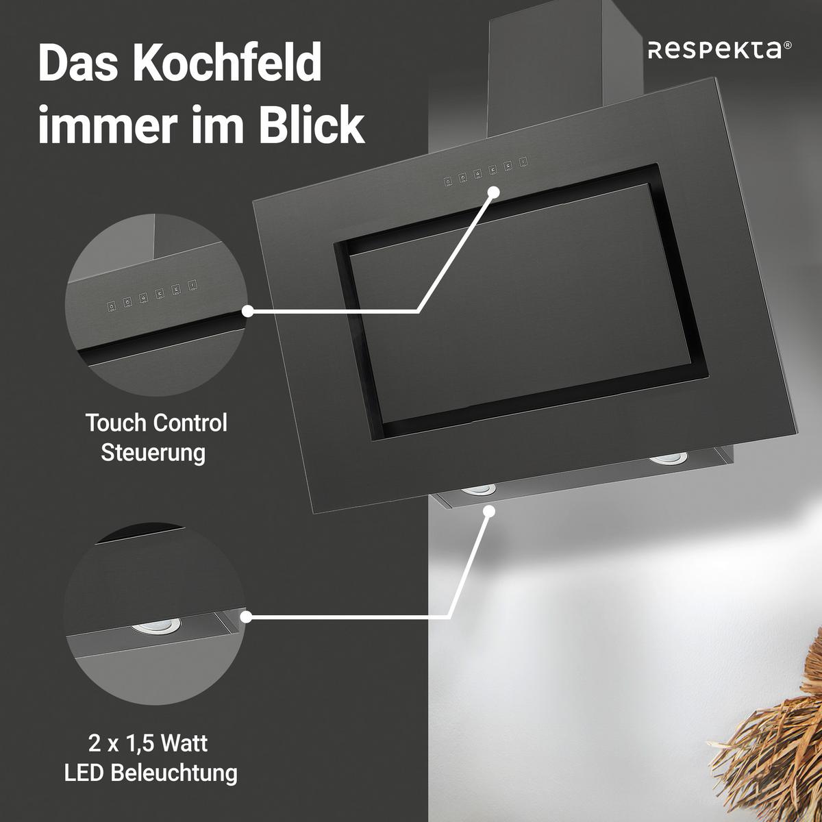 Kopffreihaube Respekta Nele Edelstahl Schwarz B: 90 Cm Led - Schwarz, Trend, Metall (90/84,1-122,1/37,2cm) - Respekta