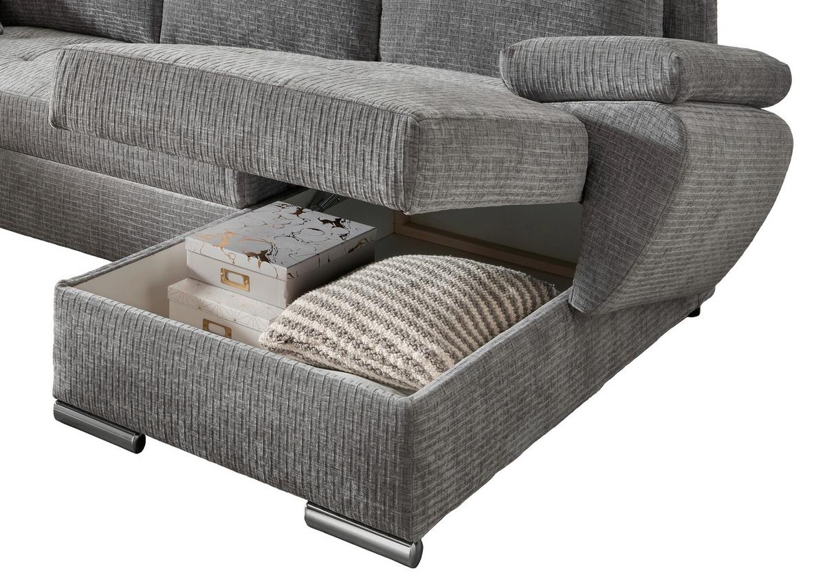 Wohnlandschaft Terana Grau mit Schlaffunktion, Mikrofaser - Chromfarben/Grau, KONVENTIONELL, Textil (219/305/157cm) - Livetastic