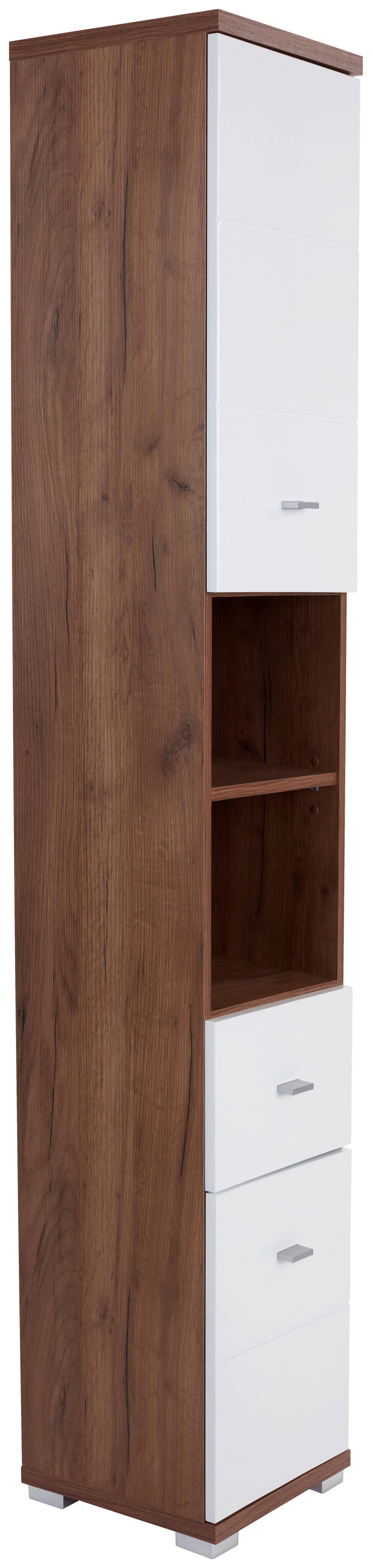 Hochschrank Bari B: 35,5cm, Weiß + Eiche Dekor - Eichefarben/Alufarben, KONVENTIONELL, Holzwerkstoff (35,5/190/31,5cm)