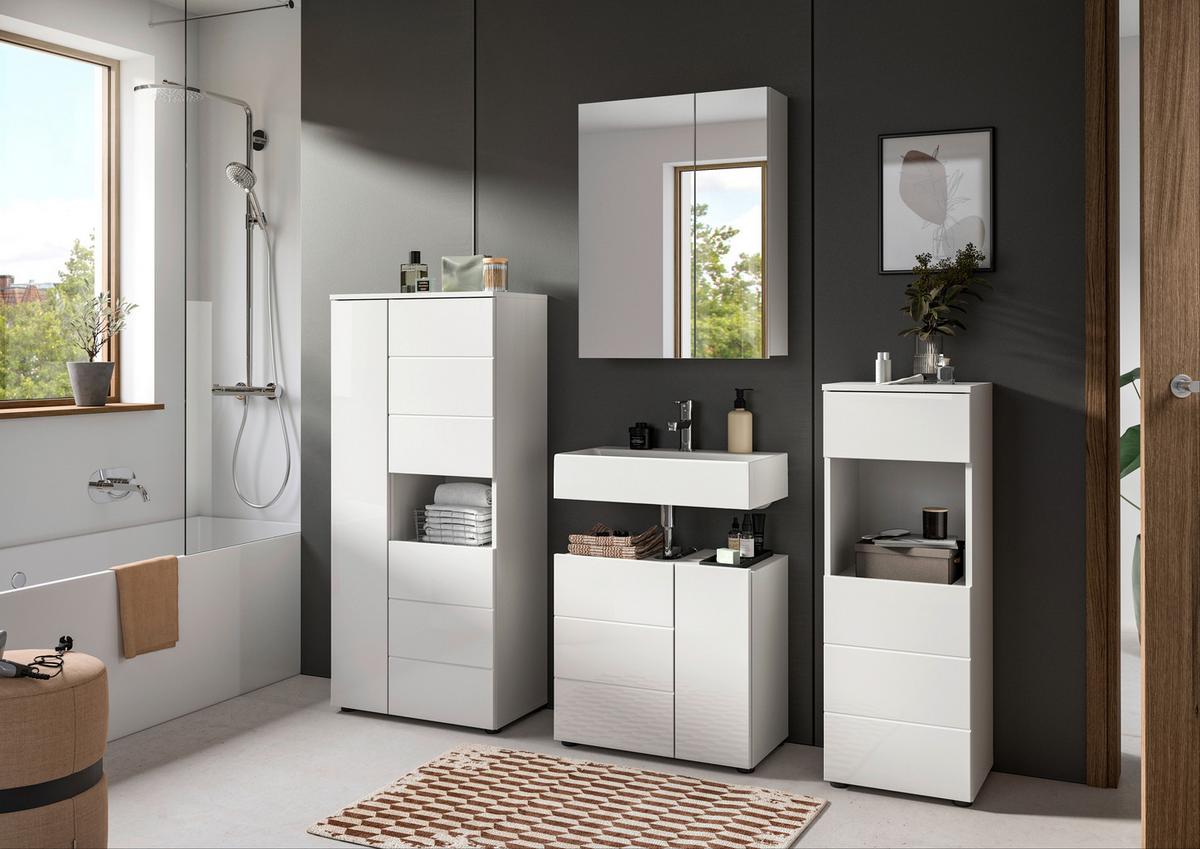 Midischrank Vira Weiß B: 60 cm - Weiß Hochglanz/Schwarz, MODERN, Holzwerkstoff (60/133/34cm) - MID.YOU