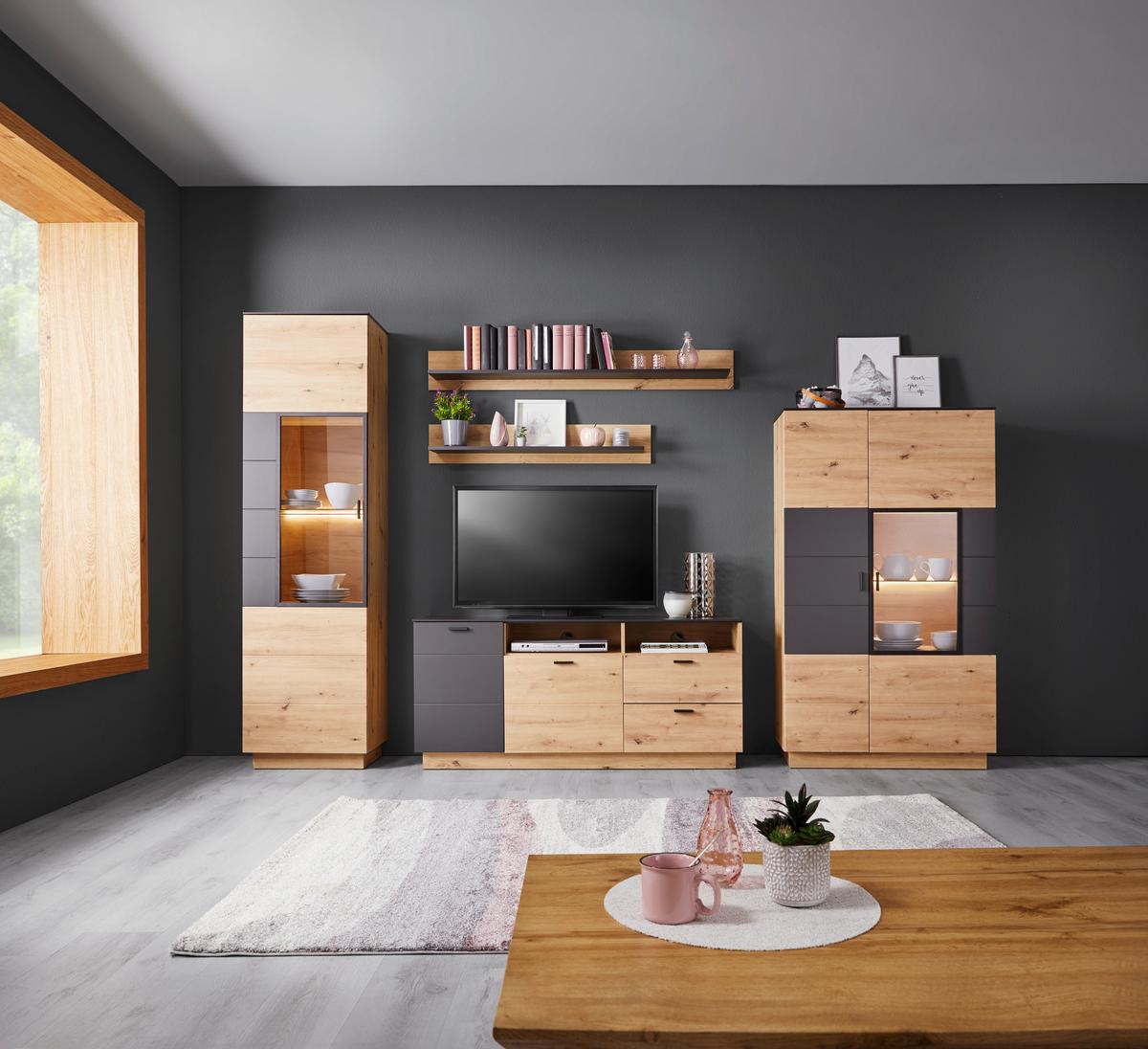 Wohnkombination Modern 5 Tlg. Tonale 6, Eiche Dekor/grau - MODERN (296,3/207,6/40cm)