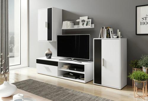 Wohnwand Modern 4 -Teilig. Berno, Weiß/Schwarz - Alufarben/Schwarz, Basics, Holzwerkstoff (190/150/40cm) - P & B