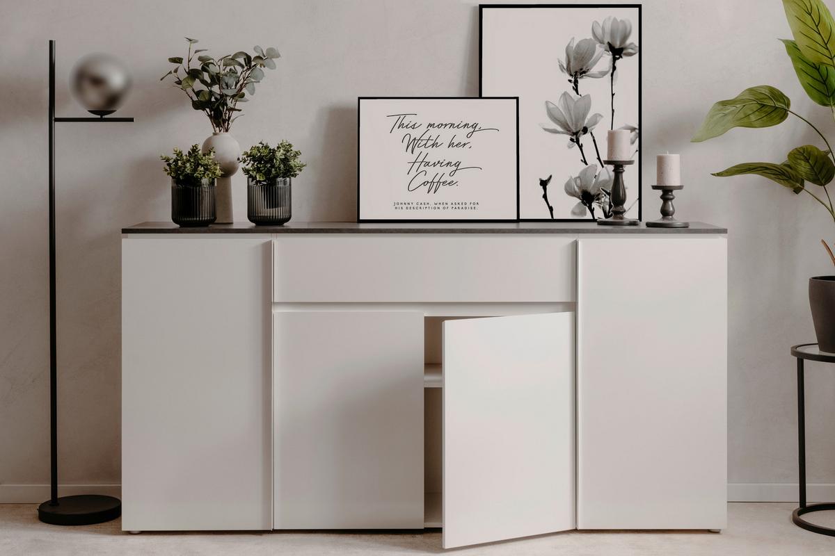Sideboard Brest 51a - Weiß Hochglanz/Silberfarben, Design, Holzwerkstoff (177,5/92/40cm) - Livetastic