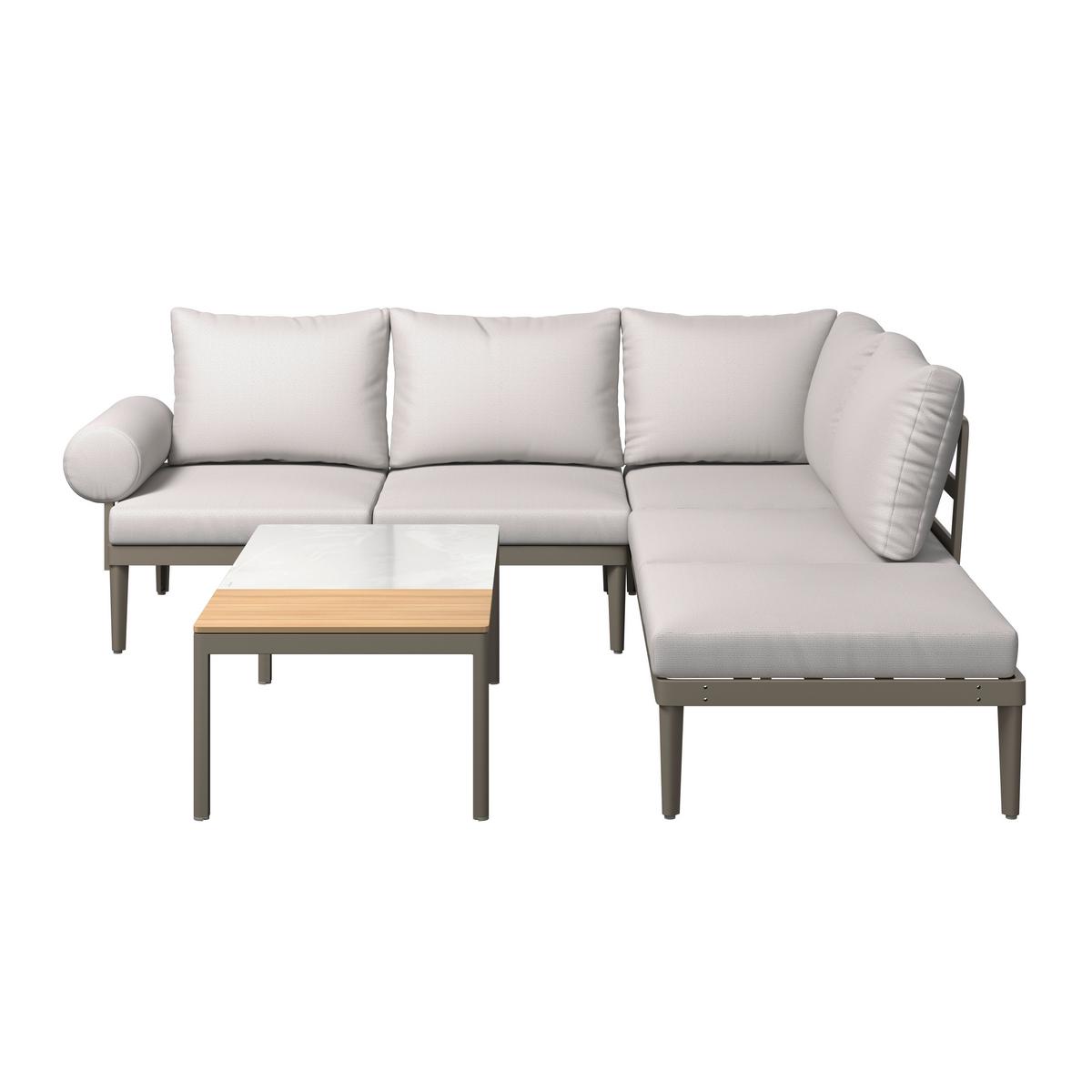 Loungegarnitur Kreta - Grau/Teakfarben, Basics, Glas/Kunststoff (228/214cm) - Beldano