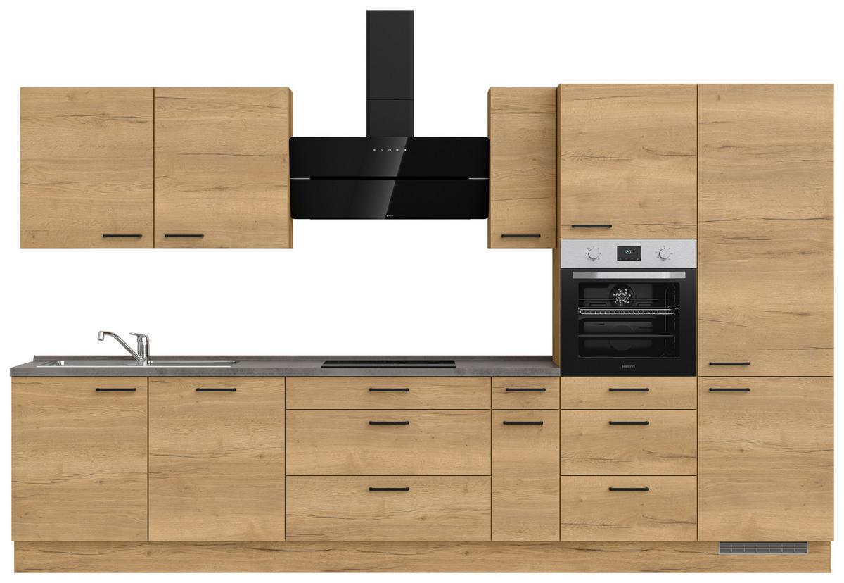 Kuchynská linka 360 cm, dub Sierra - čierna/farba duba, Modern, kov/kompozitné drevo (360cm) - Nobilia