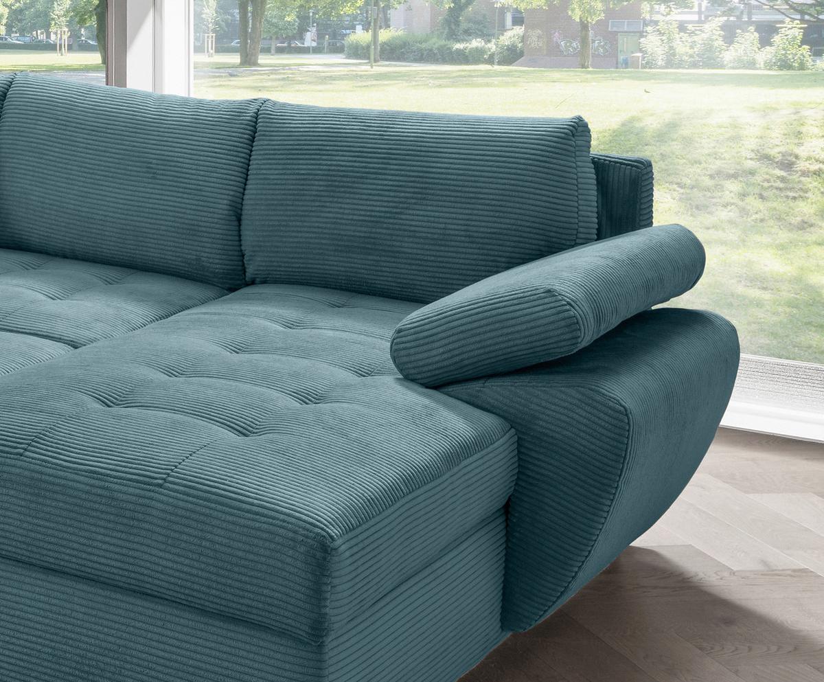 Wohnlandschaft Terana mit Schlaffunktion, Petrol - Chromfarben/Petrol, KONVENTIONELL, Textil (219/305/157cm) - Livetastic