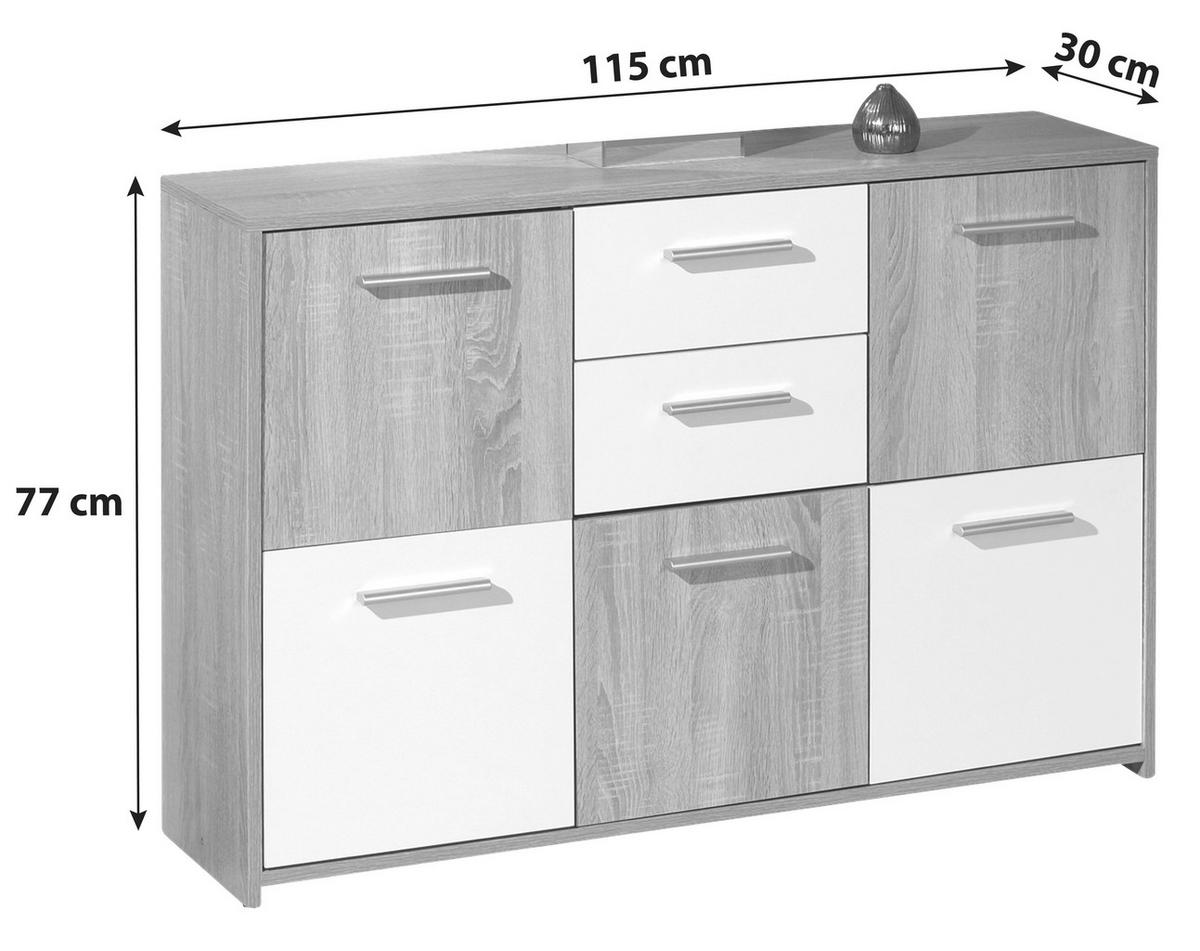 Kommode B 115cm Elvezia, Sonoma Eiche/Weiß - Weiß/Sonoma Eiche, Basics, Holzwerkstoff (115/77/30cm) - MID.YOU