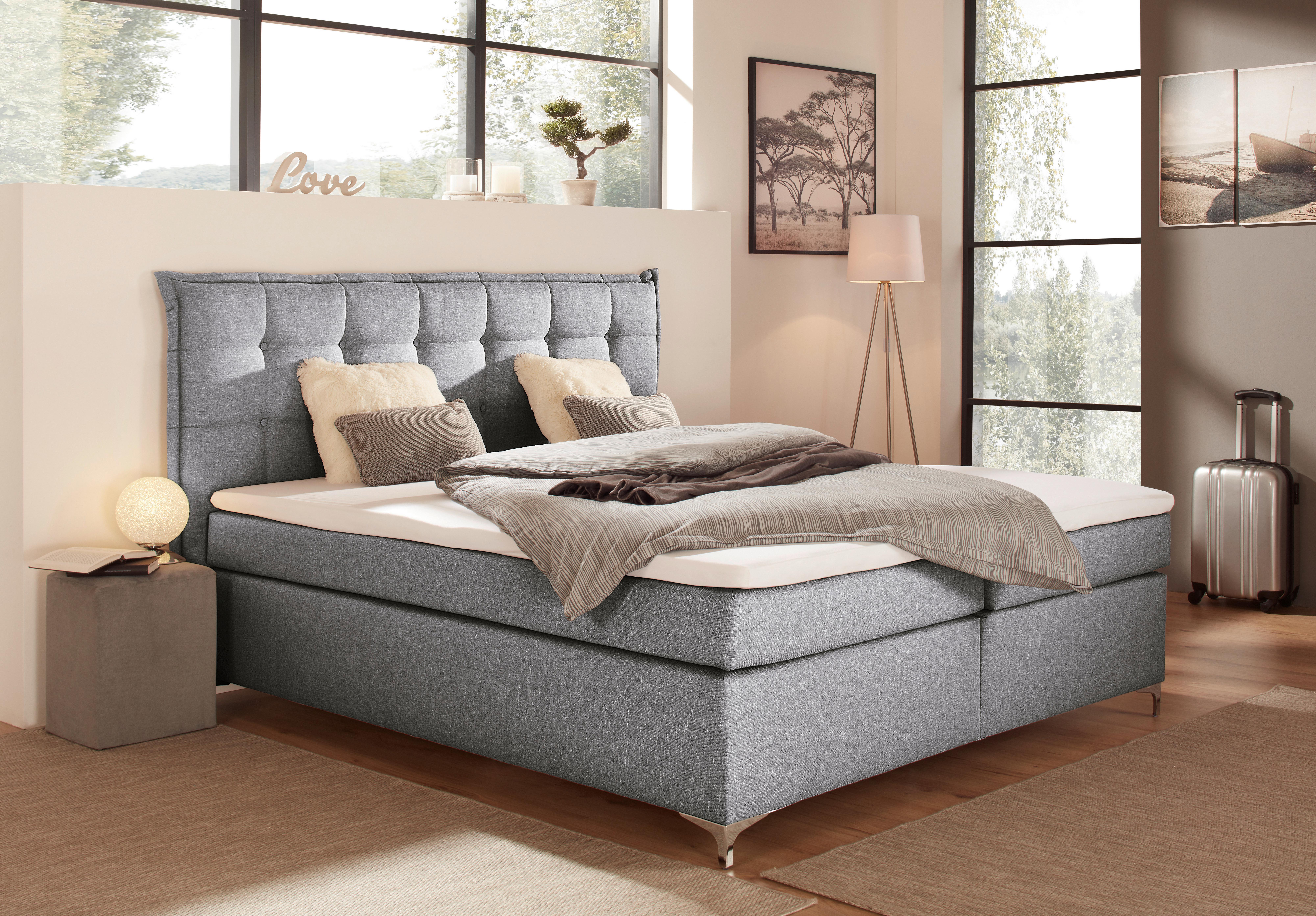 Boxspringbett mit Topper 180x200cm Fabio, Grau - Grau, MODERN, Textil (180/200cm)