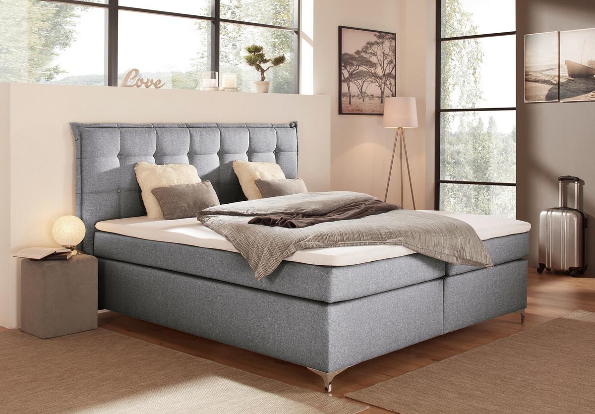 Boxspringbett mit Topper 180x200cm Fabio, Grau - Grau, MODERN, Textil (180/200cm)