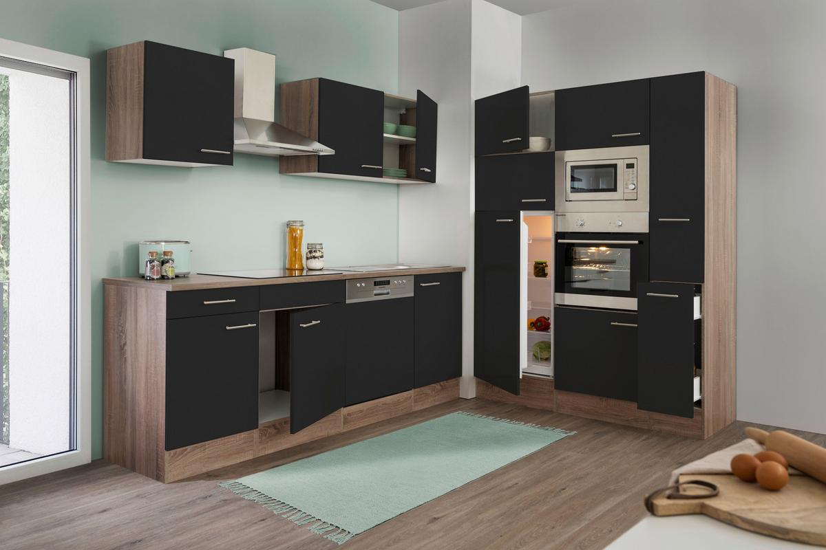 Küchenzeile mit Geräten B: 370 cm Schwarz/Eiche Dekor - Eichefarben/Schwarz, Design, Holzwerkstoff (370cm) - Respekta