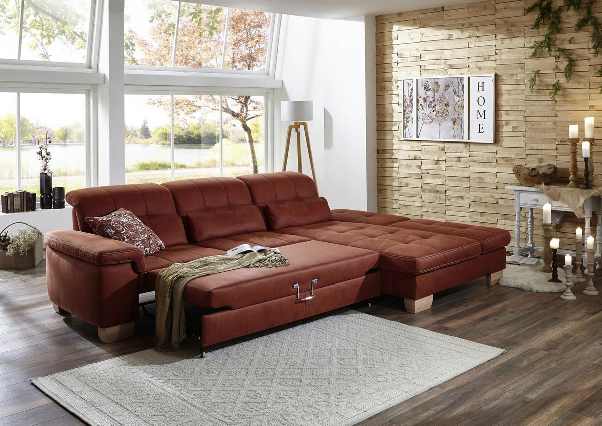 Sedací souprava ELLA, pravá, cihlová, s funkcemi - divoký dub/terracotta, Moderní, dřevo/textil (273/243cm)