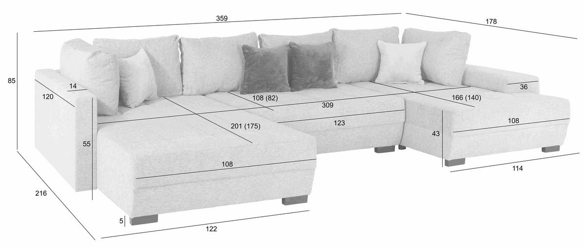 Wohnlandschaft Lugano mit Schlaffunktion Hellgrau - Hellgrau/Schwarz, MODERN, Textil (216/359/178cm)