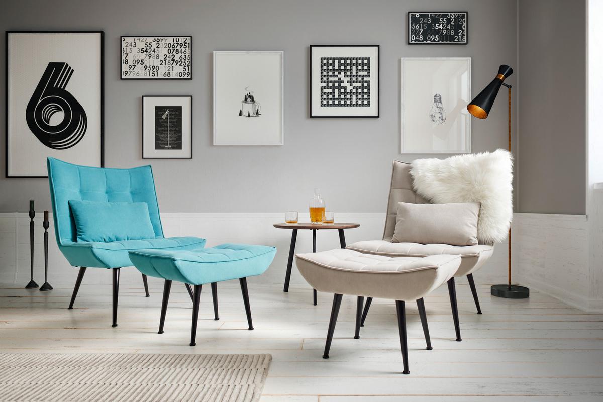Čalouněné křeslo s podnožkou TOMA, světlešedé - černá/světle šedá, Moderní, kov/dřevo (68/95/66cm) - Bessagi Home