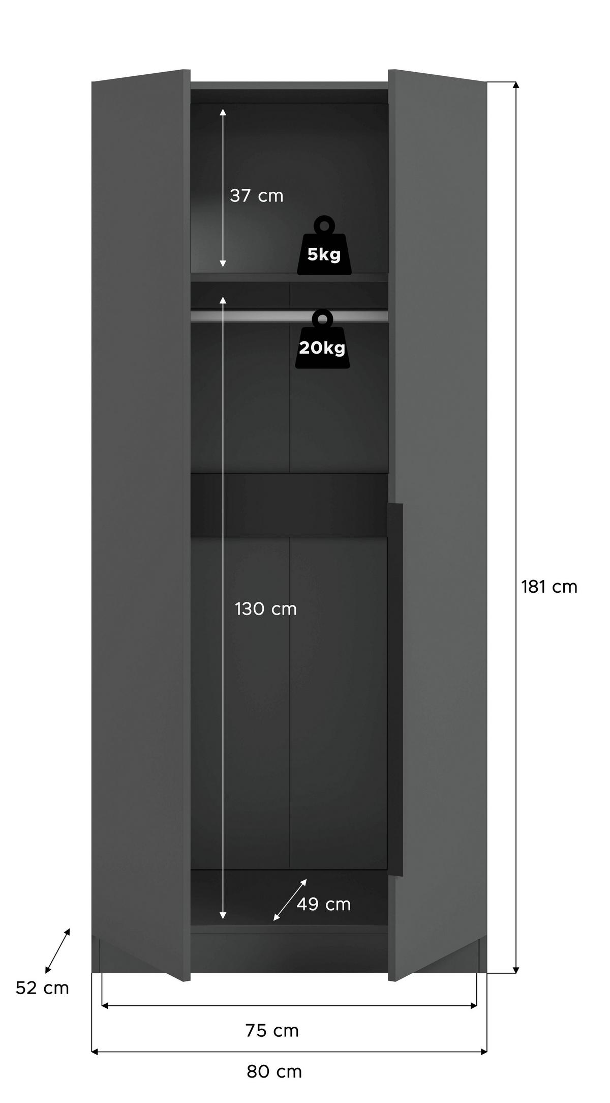 Šatníková skriňa Kopenhagen antracit - čierna/antracitová, Modern, kompozitné drevo/plast (80/181/52cm) - MID.YOU