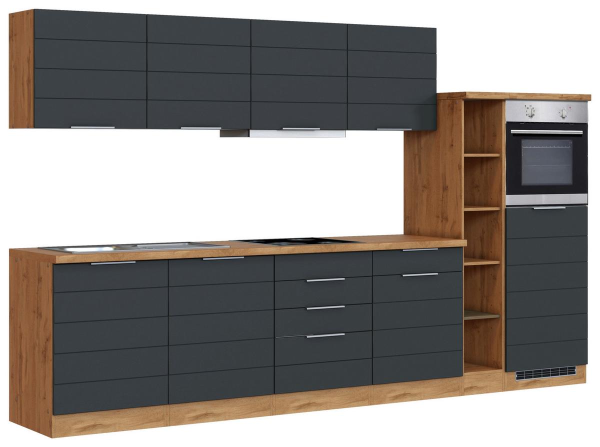 Küchenzeile Florenz mit Geräten 330 cm Grau/Eichefarben - Eiche Wotan/Grau, Design, Holzwerkstoff (330cm) - Held