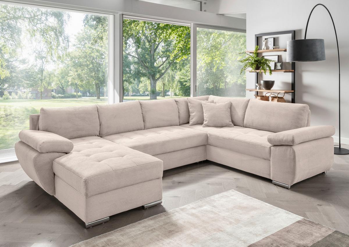 Wohnlandschaft Terana mit Schlaffunktion, Beige - Chromfarben/Beige, KONVENTIONELL, Textil (157/305/219cm) - P & B