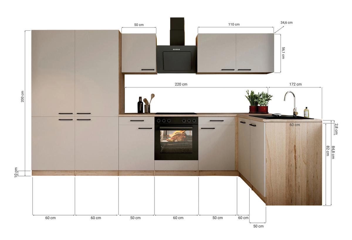 ECKKÜCHE Merle, Kaschmir S: 340x172cm - Kaschmir/Eichefarben, Trend, Holzwerkstoff (340/172cm) - Respekta