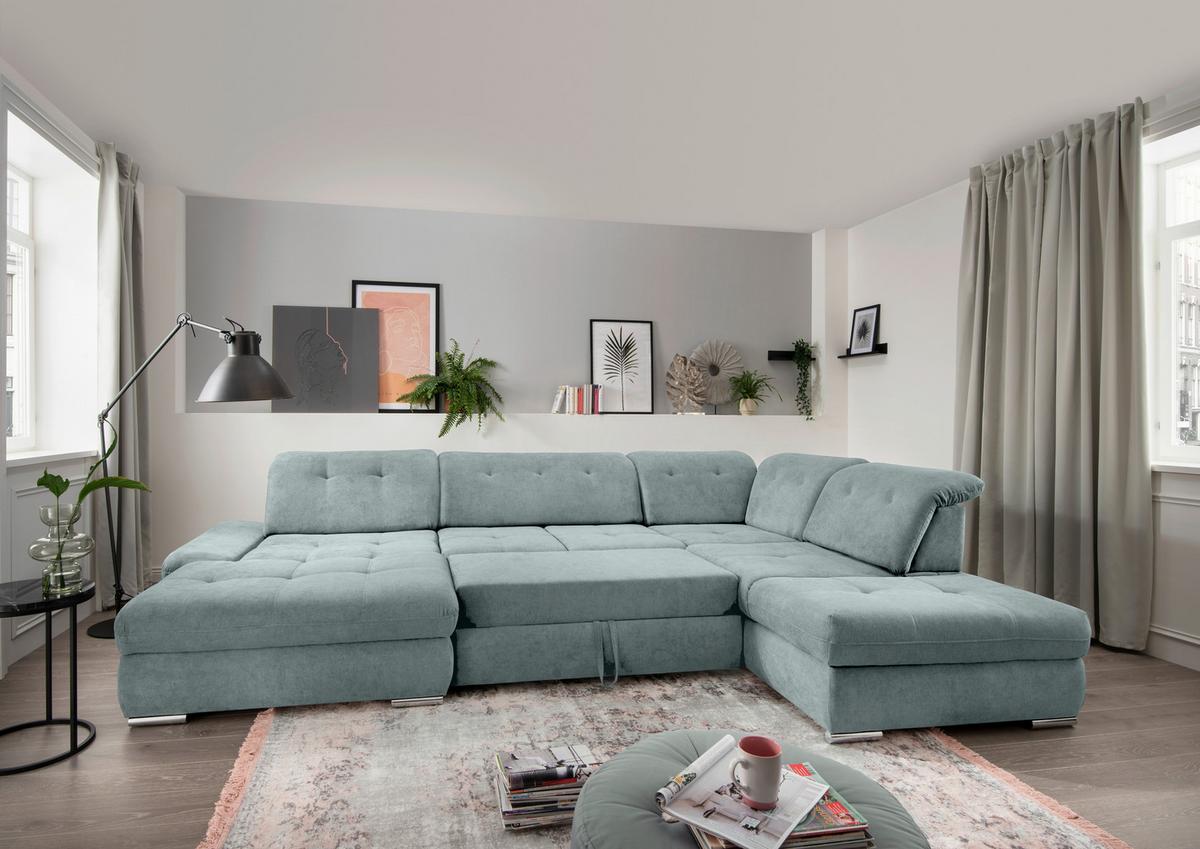 Wohnlandschaft Dalida Blau U: 195x376x254 Cm - Chromfarben/Blau, Design, Textil (195/376/254cm) - Livetastic