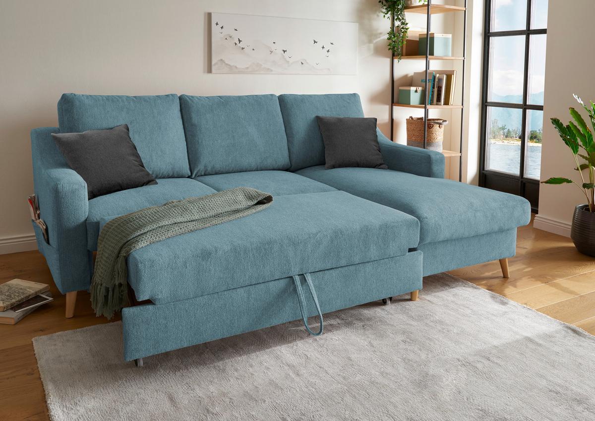 Ecksofa Valentina Blau S: 228/150 cm - Blau/Schwarz, Design, Textil (228/150cm) - MID.YOU