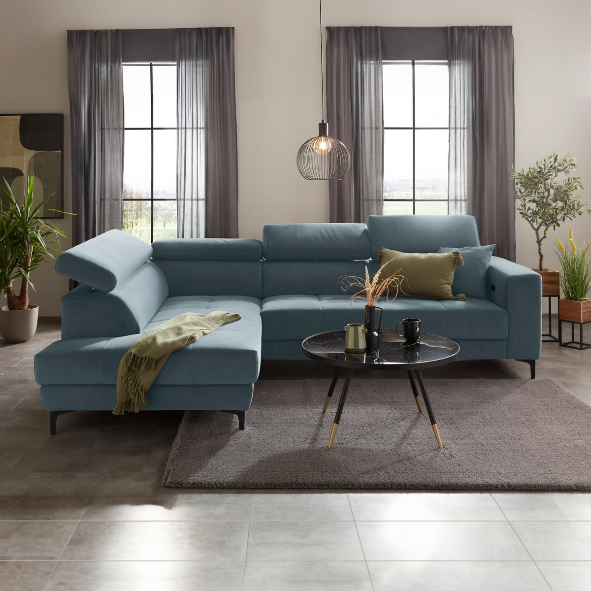 Rohová sedačka EMMA, levá, sv.modrá,op.hl.,USB,el.výsuv - černá/světle modrá, Moderní, textil (210/301cm) - Premium Living