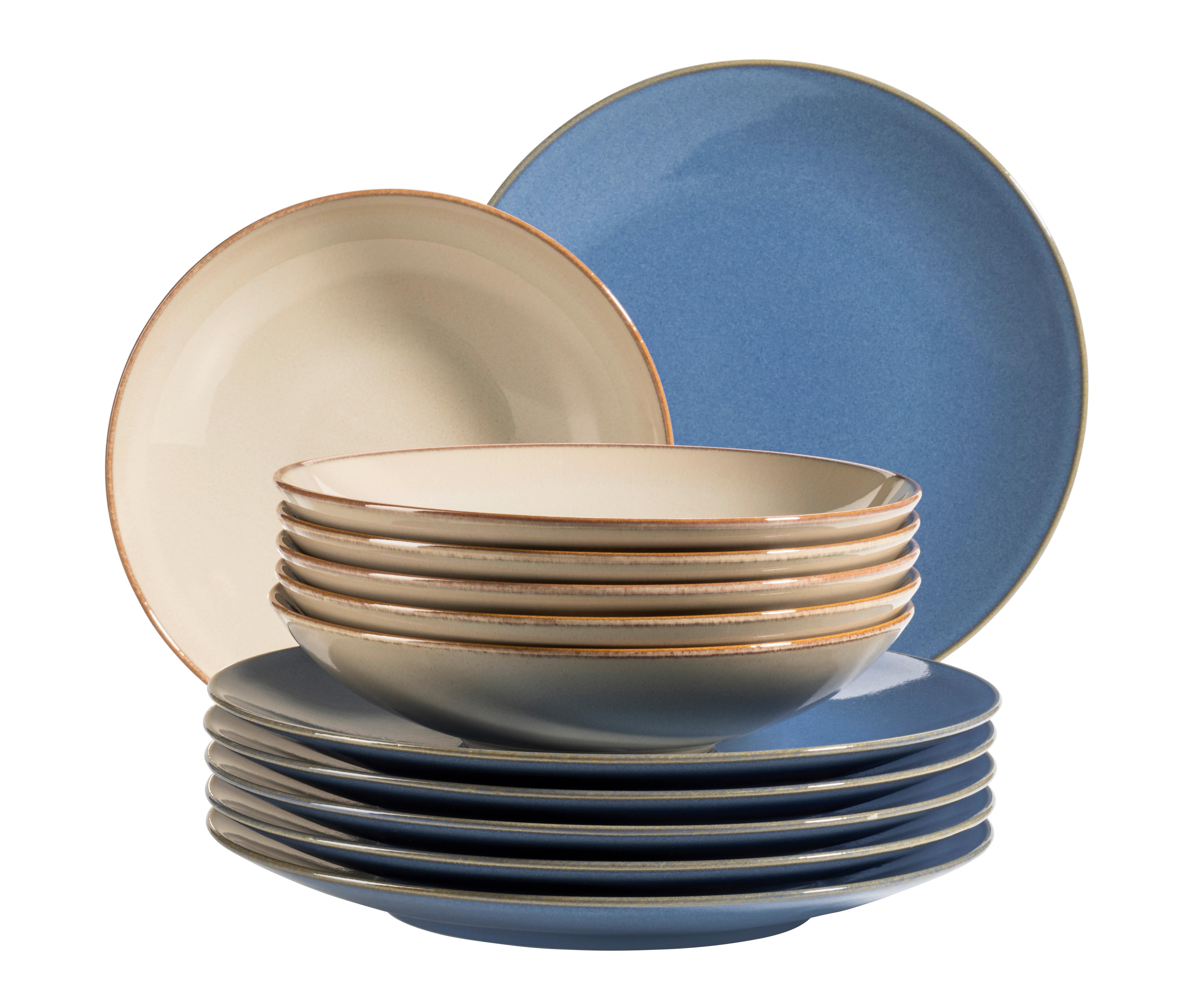 Tafelservice Sandfarben Hellblau 12-Teilig - Sandfarben/Hellblau, Basics, Keramik - Mäser