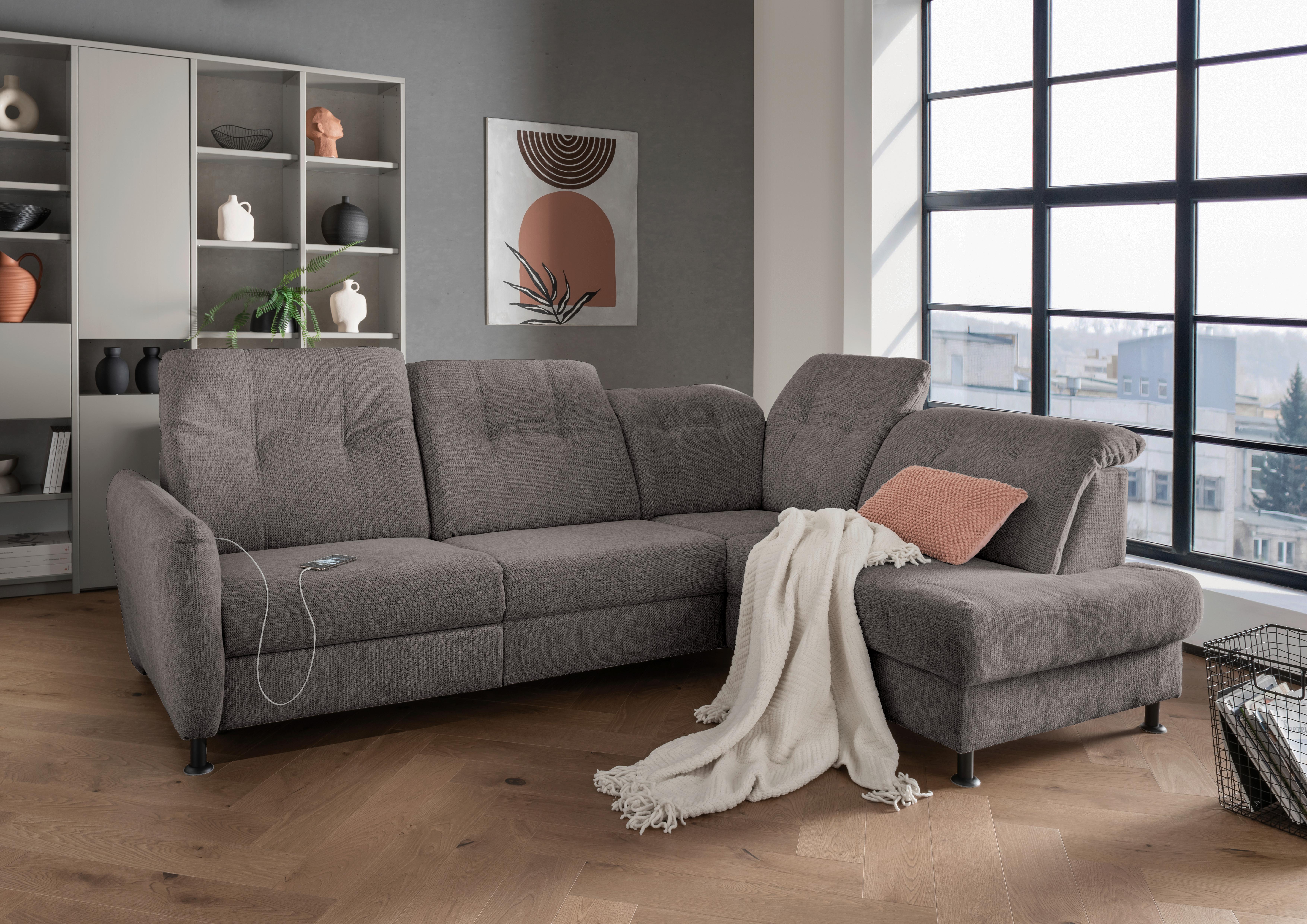 Ecksofa Minori Chenille Graubraun, S: ca. 270x198 cm - Graubraun/Schwarz, MODERN, Textil (270/198cm) - Livetastic