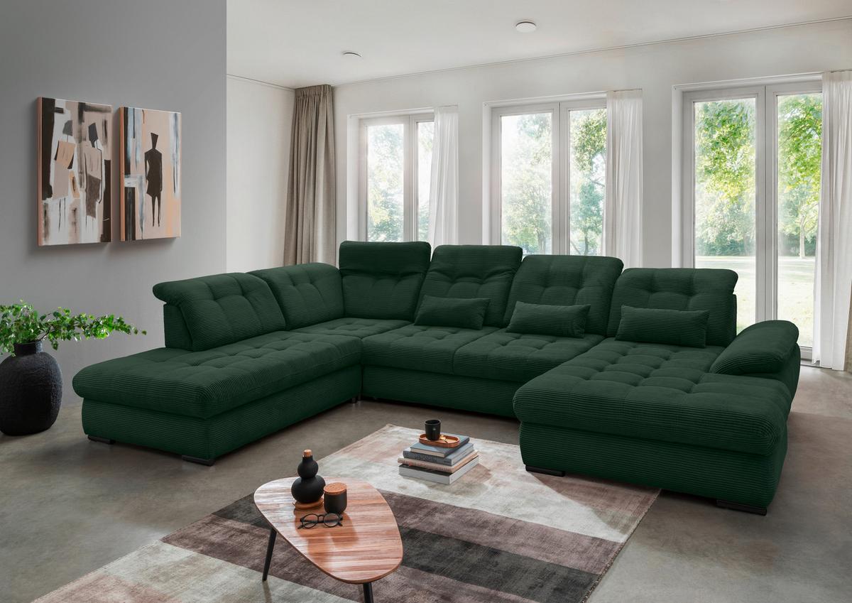 Wohnlandschaft Mit Bettkasten Rigatti Dunkelgrün B: 387 Cm - Dunkelgrün/Schwarz, MODERN, Textil (252/387/184cm) - Livetastic