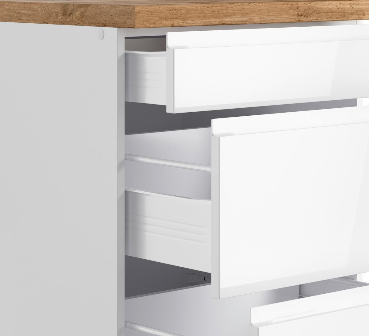 Küchenzeile Monza mit Geräten B: 300 cm Weiß/Eiche Dekor - Weiß Hochglanz/Eiche Wotan, LIFESTYLE, Holzwerkstoff (300cm) - Held