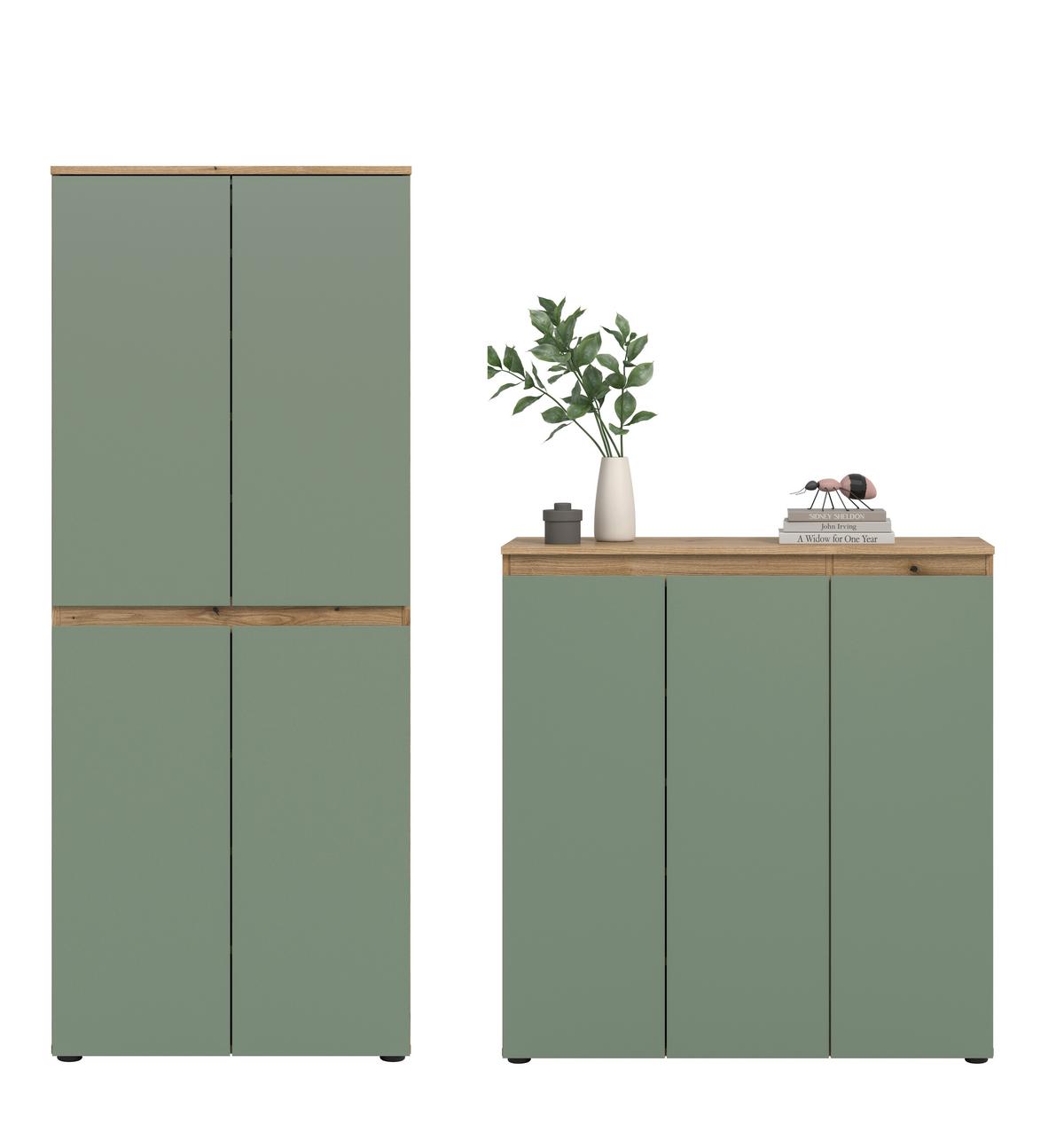 Garderobenschrank Scarpa Eiche Dekor, Graugrün B: 140cm - Eichefarben/Schwarz, Design, Holzwerkstoff (190/175/37cm) - Livetastic