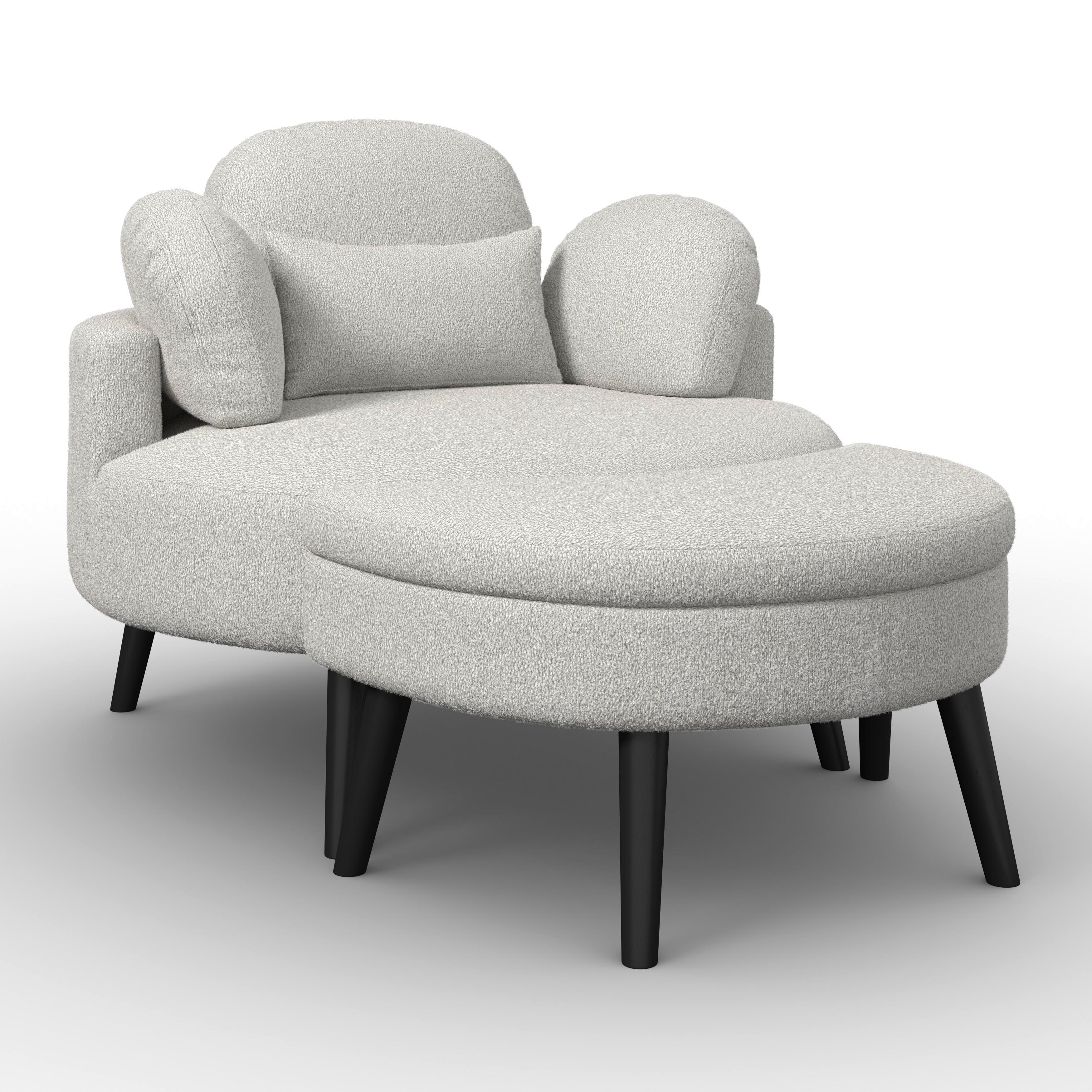 Kreslo s taburetkou BIANCA, sivá ženilka, max. 150 kg - sivá/prírodná farba, Modern, drevo/textil (109/83/148cm) - Bessagi Home