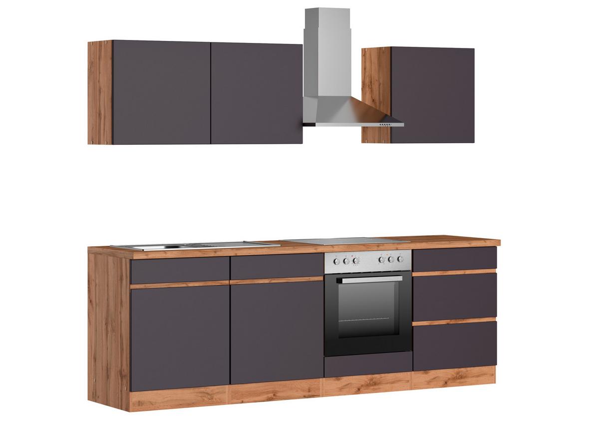 Küchenzeile Turin mit Geräten 240 cm Grau/Eichefarben - Eiche Wotan/Grau, Design, Holzwerkstoff (240cm) - Held