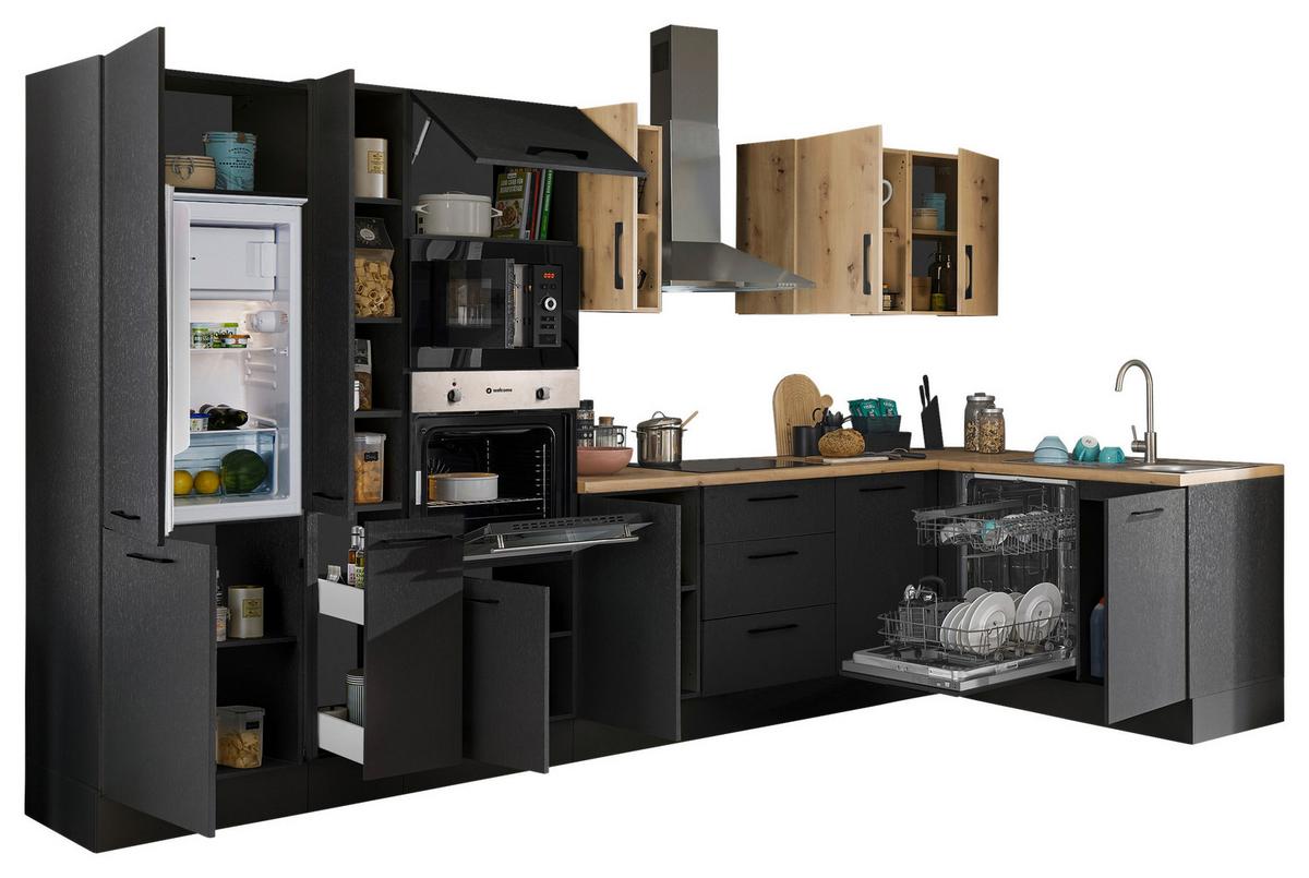 Eckküche Turin Schwarz/Eiche Dekor 370x175 cm - Schwarz/Eiche Artisan, Basics, Holzwerkstoff (370/175cm) - MID.YOU