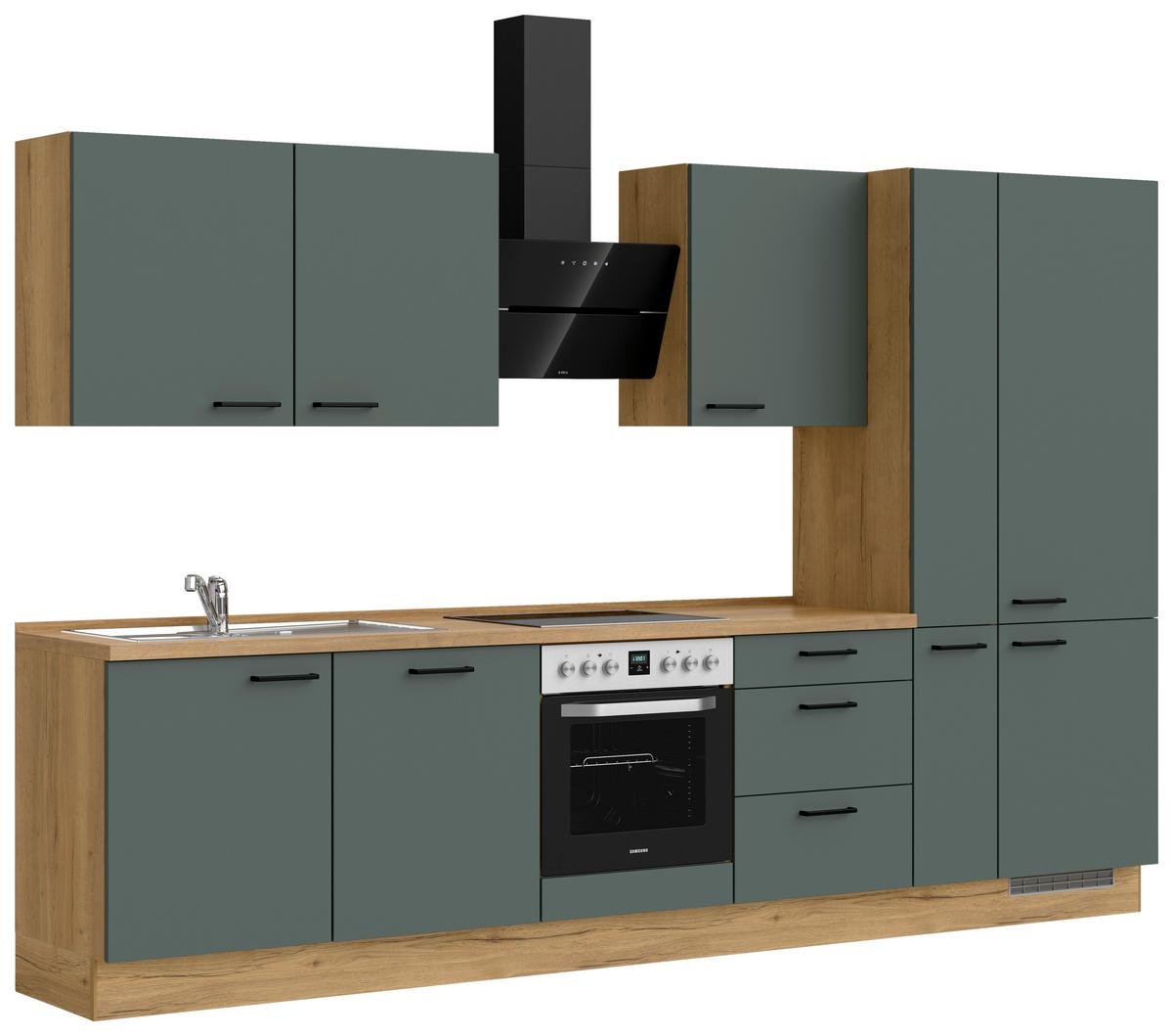 Kuchyňská linka 330 cm, minerální zelená,ultra matná - barvy dubu/černá, Moderní, kov/kompozitní dřevo (330cm) - Nobilia