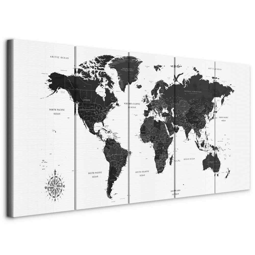 MALBA NA PLÁTNĚ BLACK AND WHITE MAP 5TLG. - bílá/černá, Basics, kompozitní dřevo/textil (100/40/1,2cm) - artgeist