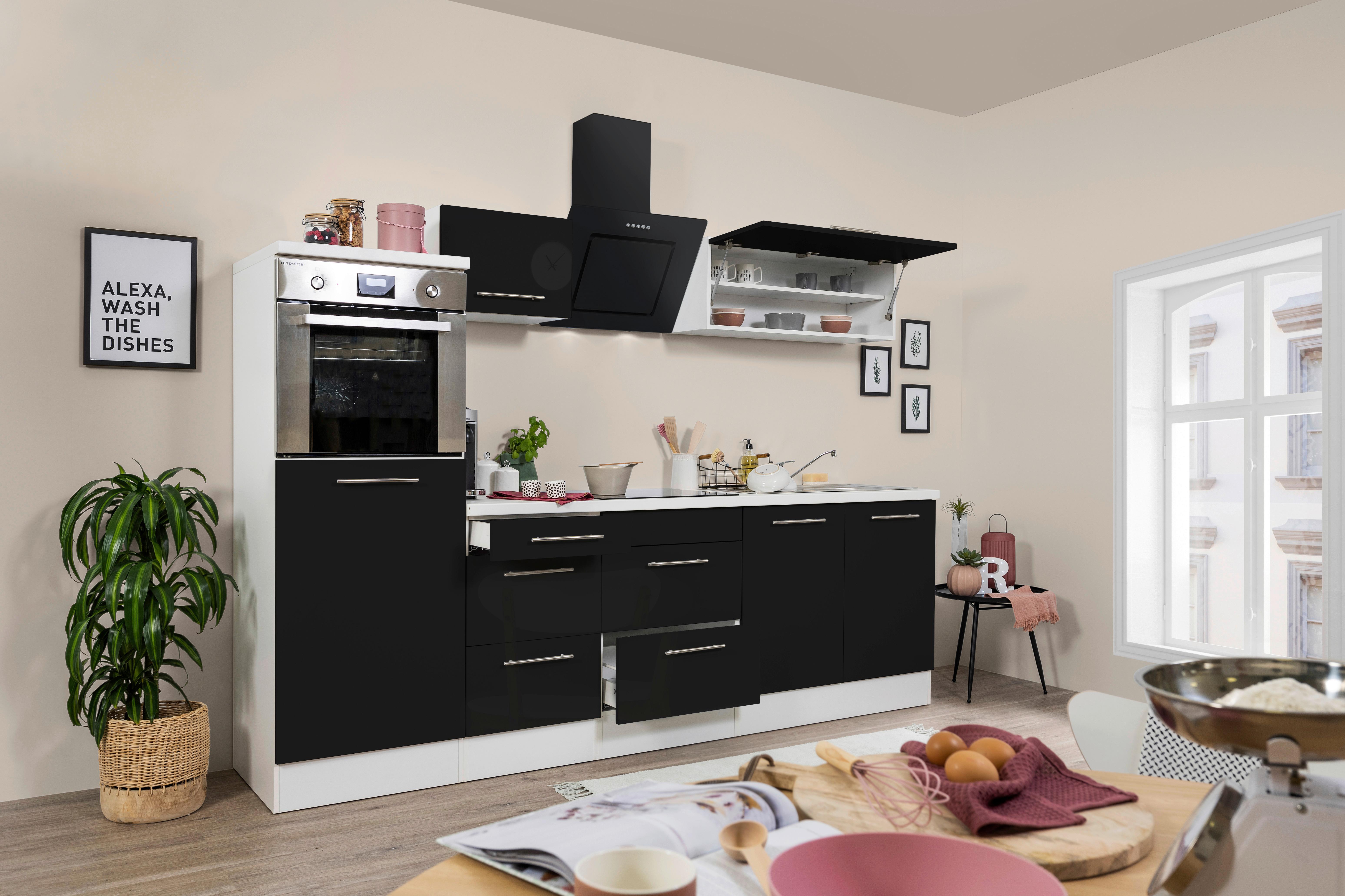 Küchenzeile mit Geräten 270 cm Schwarz Hochglanz/Weiß - Schwarz/Weiß, KONVENTIONELL, Holzwerkstoff (270cm) - Respekta