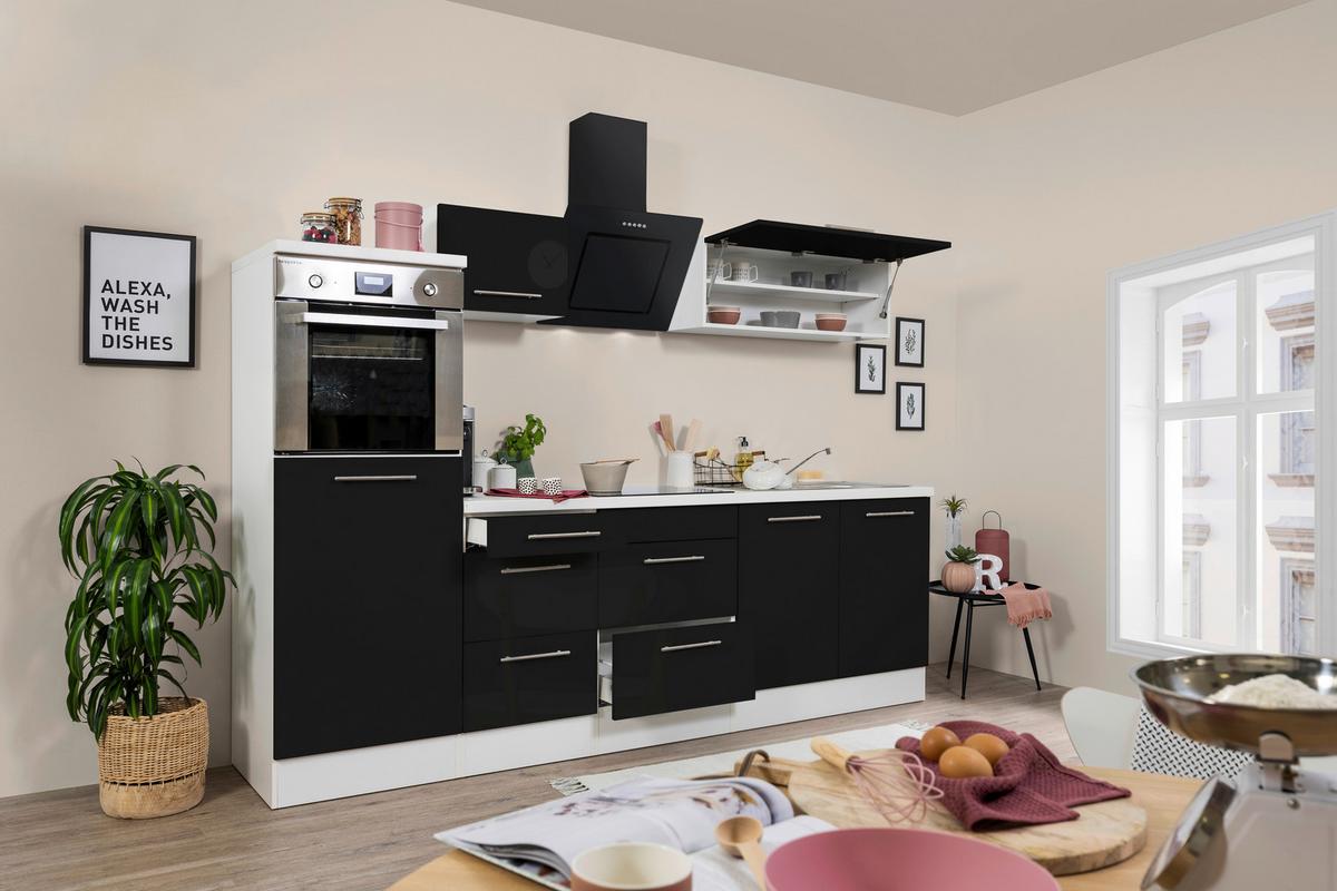 Küchenzeile mit Geräten 270 cm Schwarz Hochglanz/Weiß - Schwarz/Weiß, KONVENTIONELL, Holzwerkstoff (270cm) - Respekta