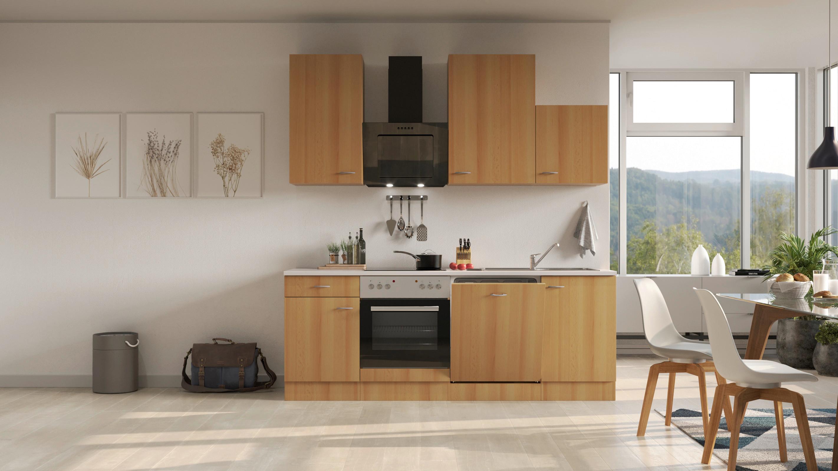 Küchenzeile Nano mit Geräten 220 cm Creme/Buche Dekor