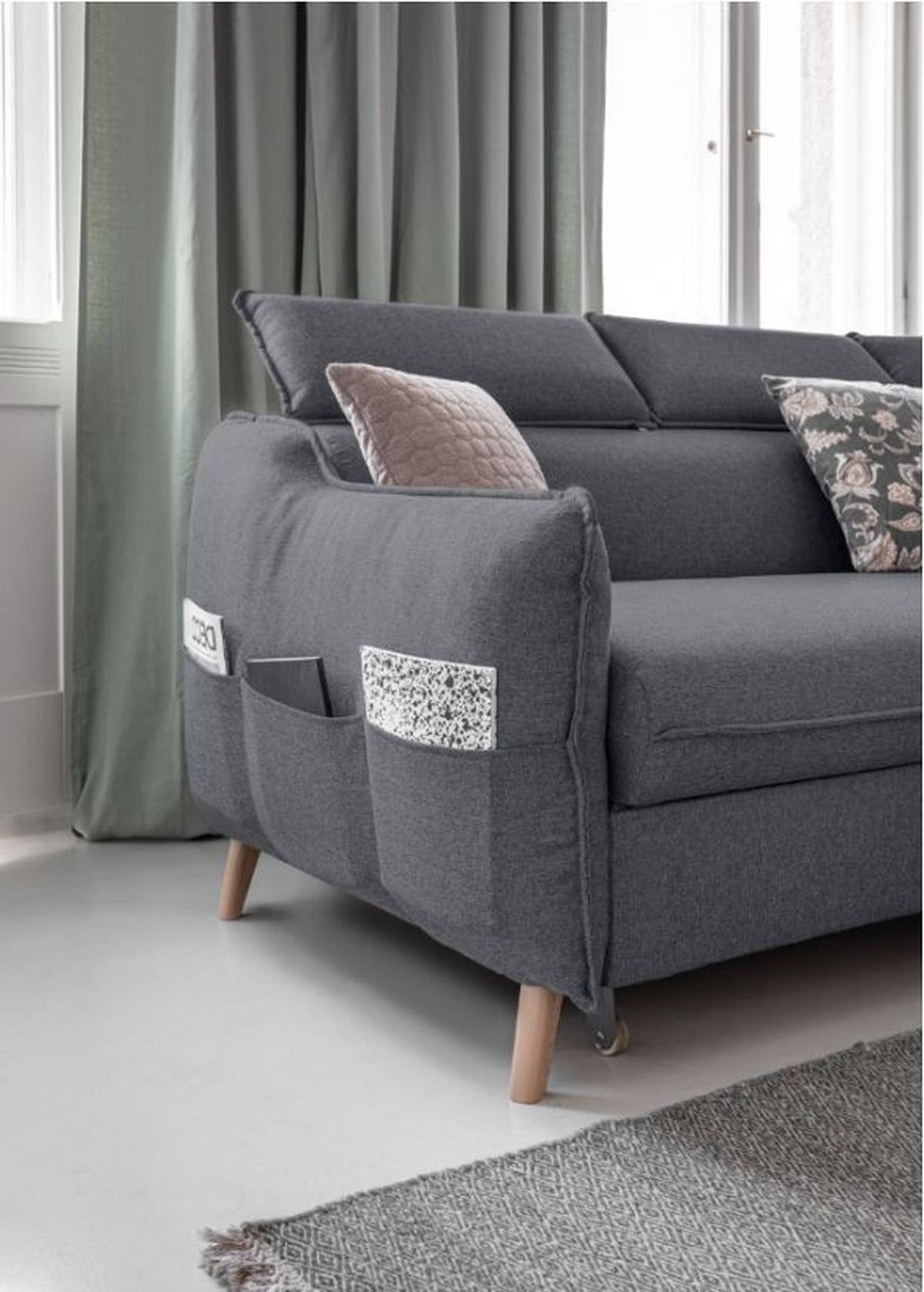 Rozkládací sedačka Simone, pravé provedení - šedá/přírodní barvy, Moderní, dřevo/textil (253/82/95/208cm)