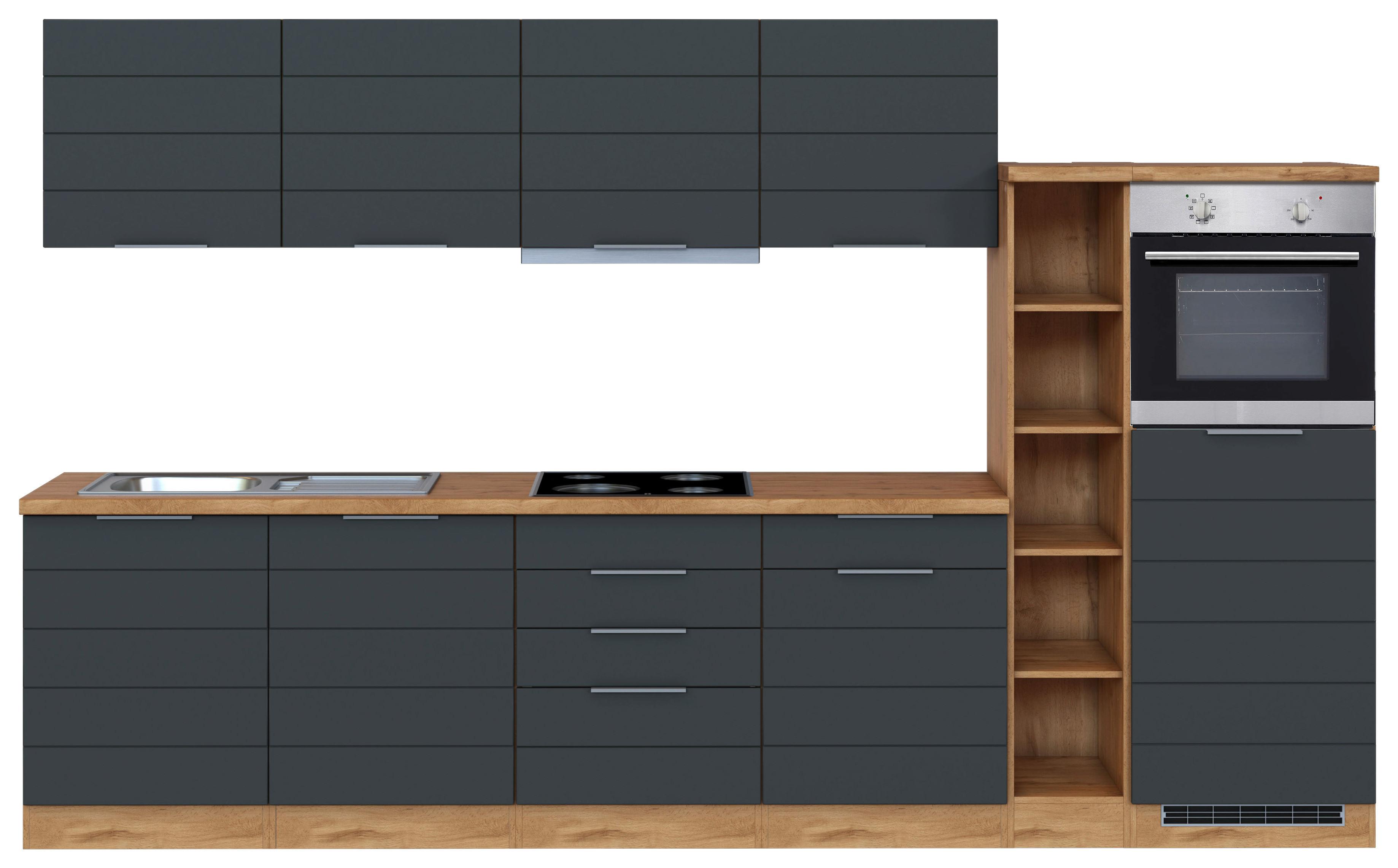 Küchenzeile Florenz mit Geräte B: 330 cm Grau/Eiche Dekor - Eiche Wotan/Grau, Design, Holzwerkstoff (330cm) - Held