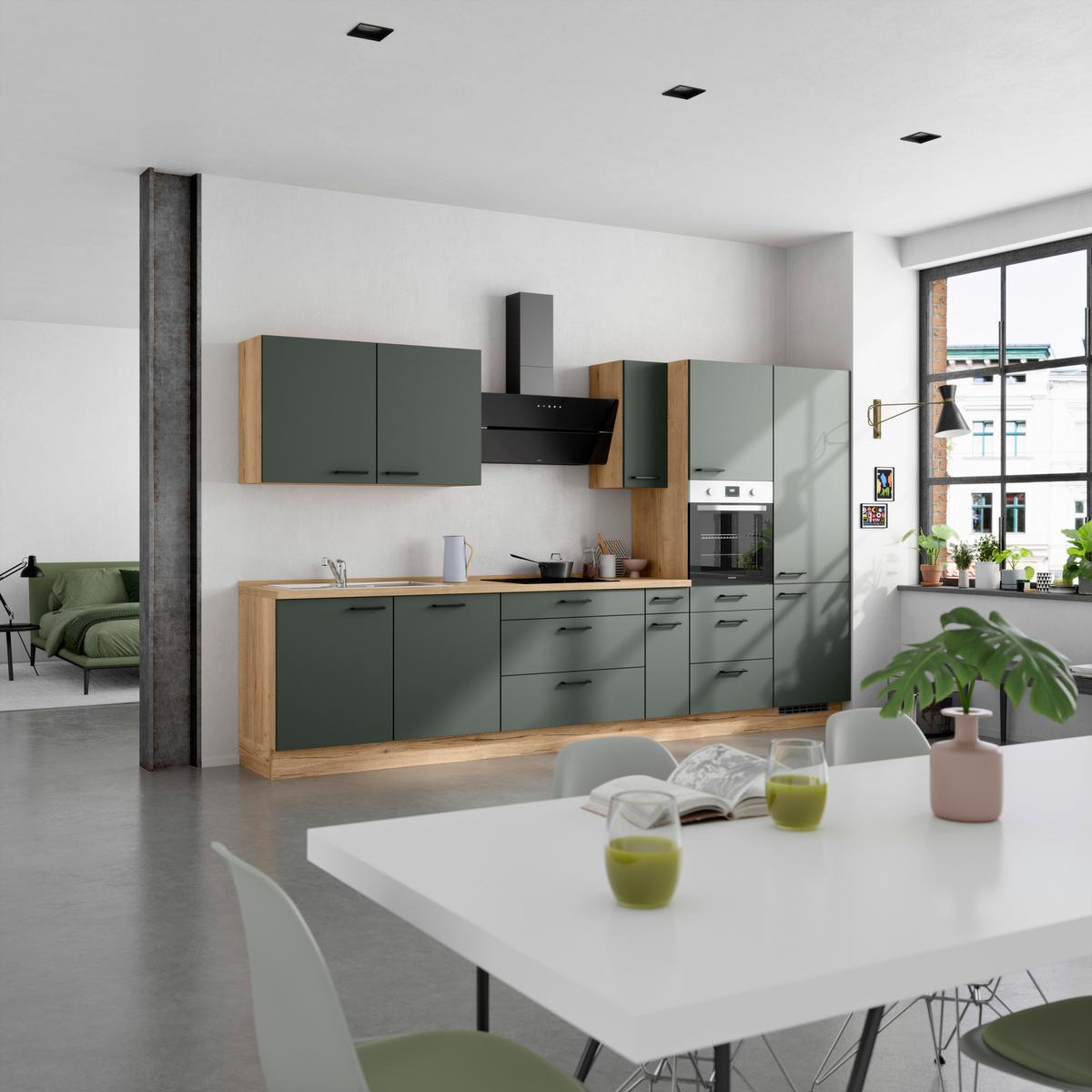 Kuchyňská linka 360 cm, minerální zelená,ultra matná - barvy dubu/černá, Moderní, kov/kompozitní dřevo (360cm) - Nobilia