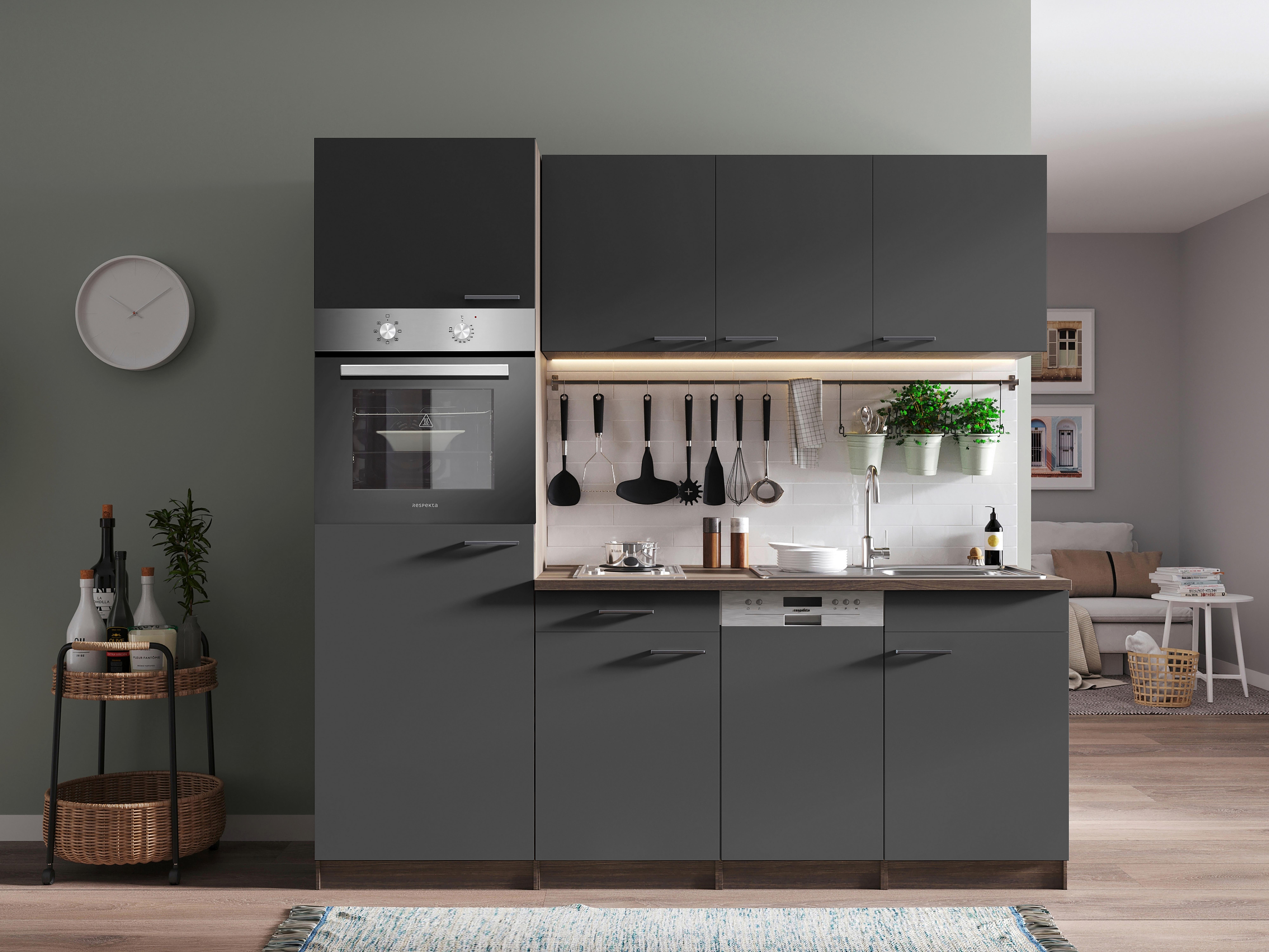 KÜCHENBLOCK OLIVER SINGLEKÜCHE 205 CM - Eichefarben/Grau, Basics, Holzwerkstoff (205cm) - Respekta