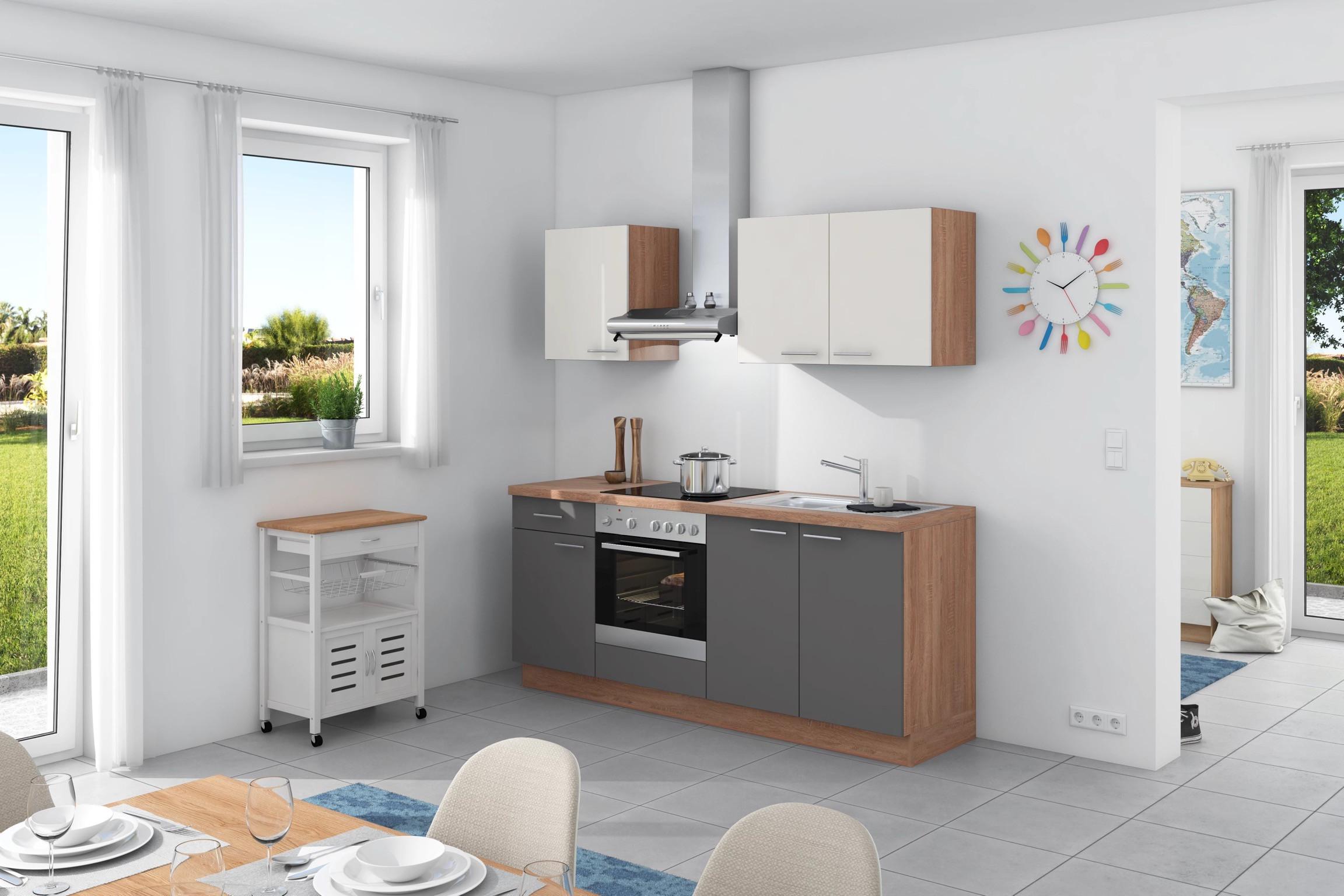 200 Anthrazit/Weiß/Eiche Küchenzeile Base ohne ➤ Express online cm Geräte Möbelix kaufen