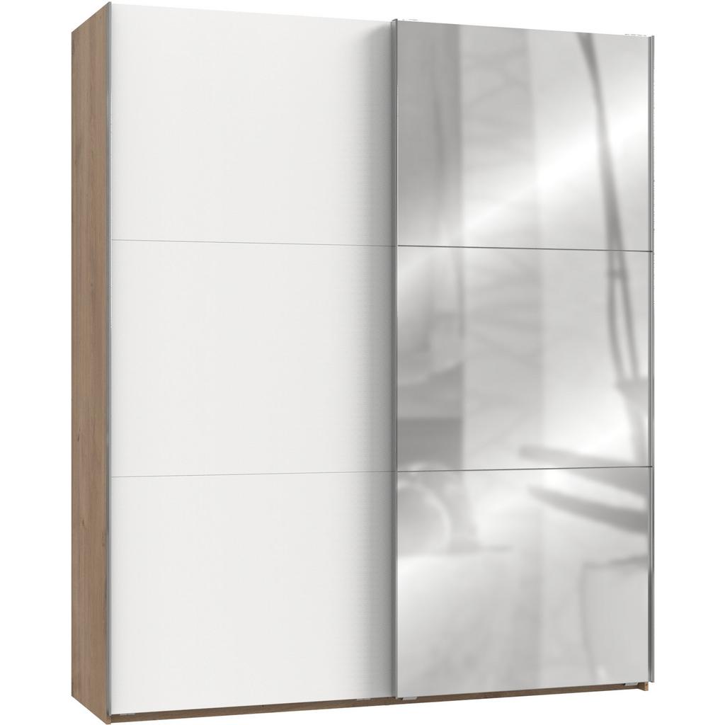 Schwebetürenschrank Mit Spiegel 200cm Level, Weiß/Eiche